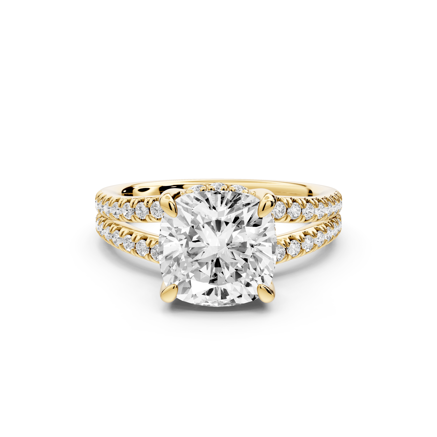 Liora - 3ct 14k yellow gold cushion Hidden Halo Micro Pavé Split Shank Engagement Ring - Mr. Alex Jewelry