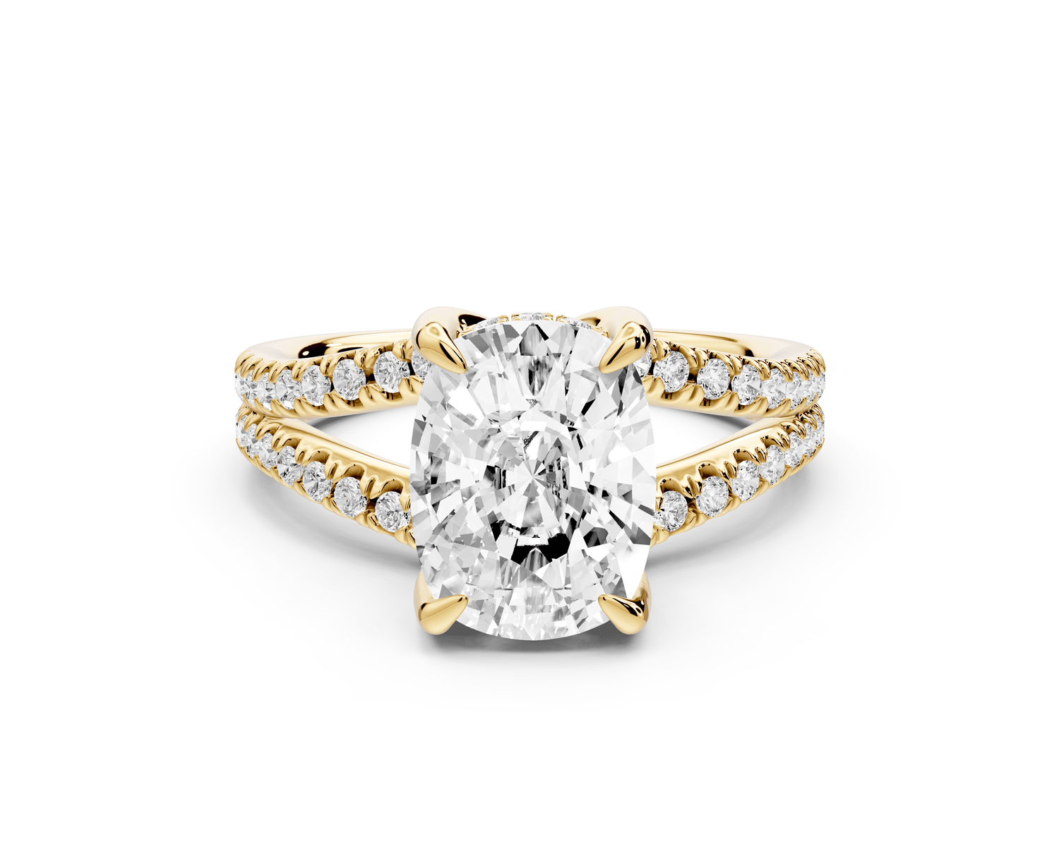 Liora - 3ct 14k yellow gold ecushion Hidden Halo Micro Pavé Split Shank Engagement Ring - Mr. Alex Jewelry