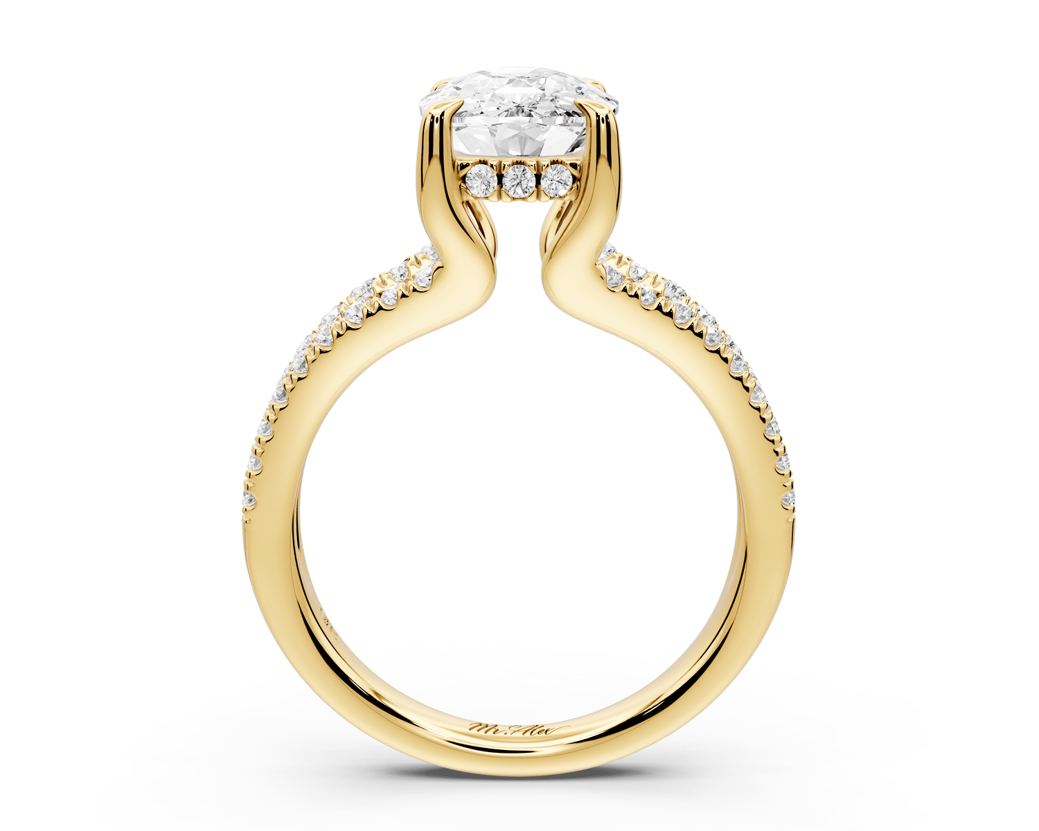 Liora - 3ct 14k yellow gold ecushion Hidden Halo Micro Pavé Split Shank Engagement Ring - Mr. Alex Jewelry