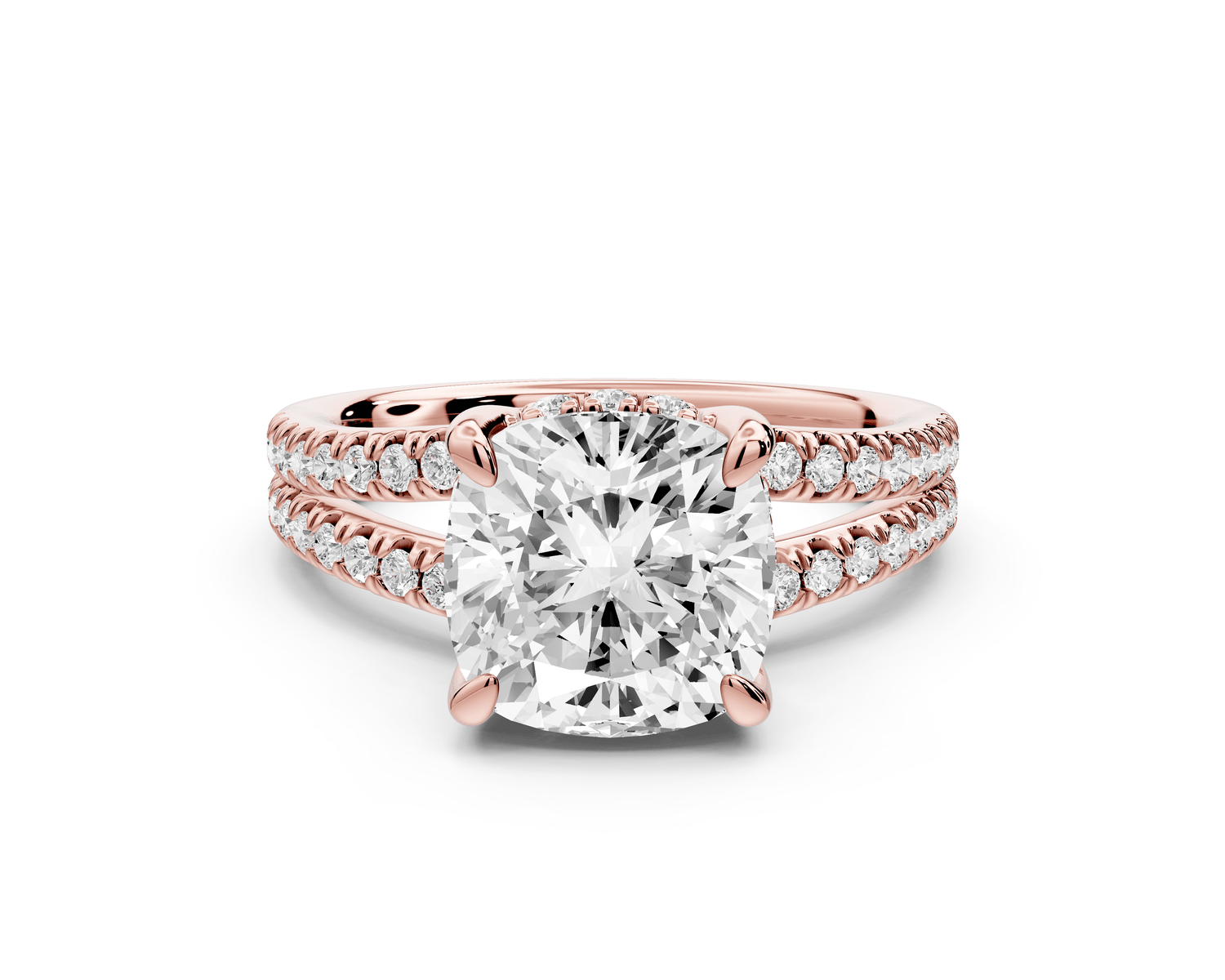 Liora - 3ct 18k rose gold cushion Hidden Halo Micro Pavé Split Shank Engagement Ring - Mr. Alex Jewelry