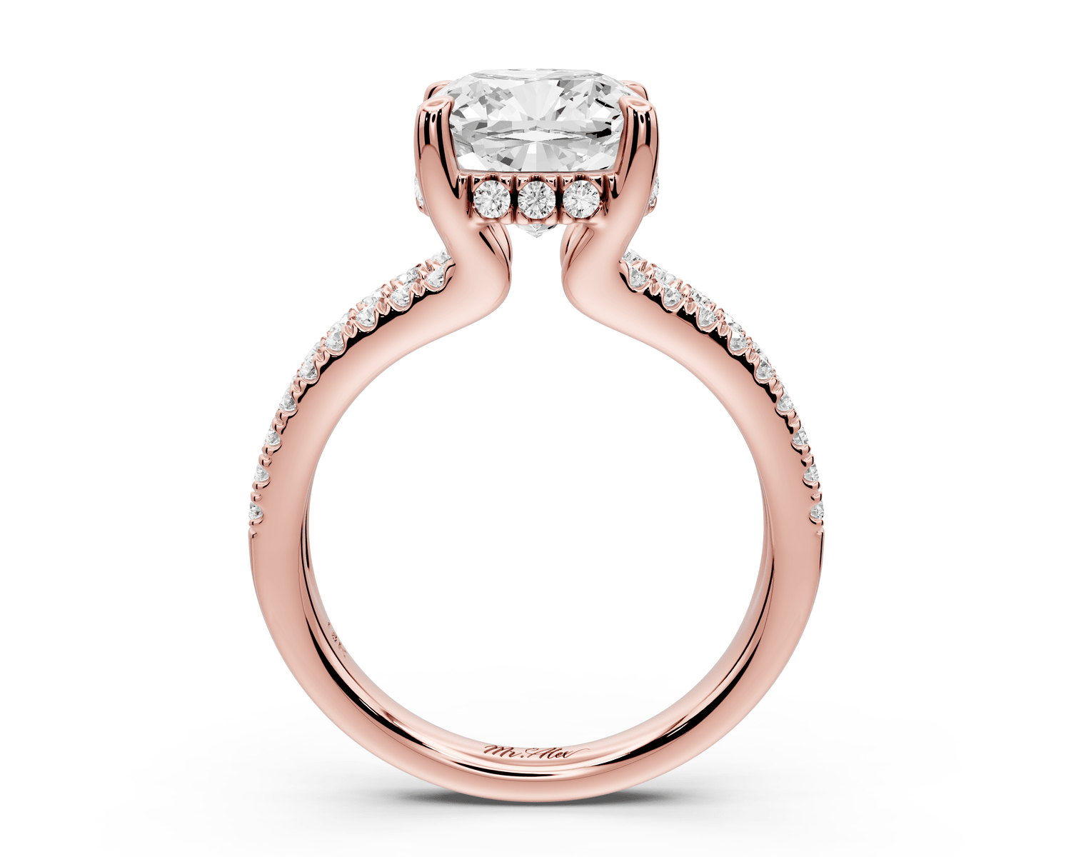 Liora - 3ct 18k rose gold cushion Hidden Halo Micro Pavé Split Shank Engagement Ring - Mr. Alex Jewelry