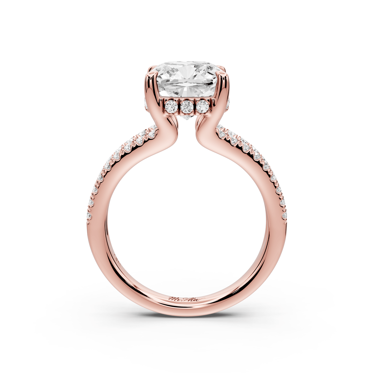 Liora - 3ct 18k rose gold cushion Hidden Halo Micro Pavé Split Shank Engagement Ring - Mr. Alex Jewelry