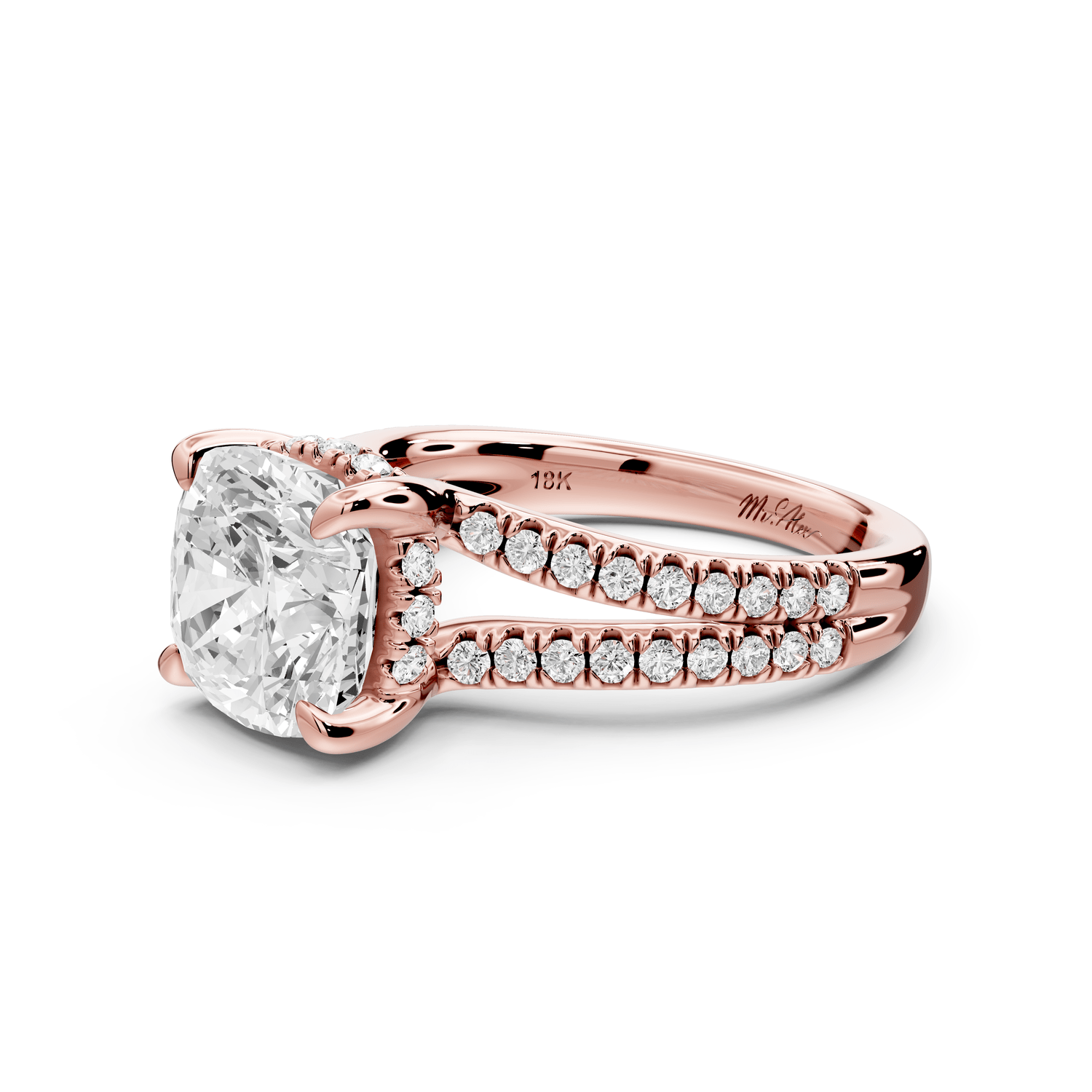 Liora - 3ct 18k rose gold cushion Hidden Halo Micro Pavé Split Shank Engagement Ring - Mr. Alex Jewelry