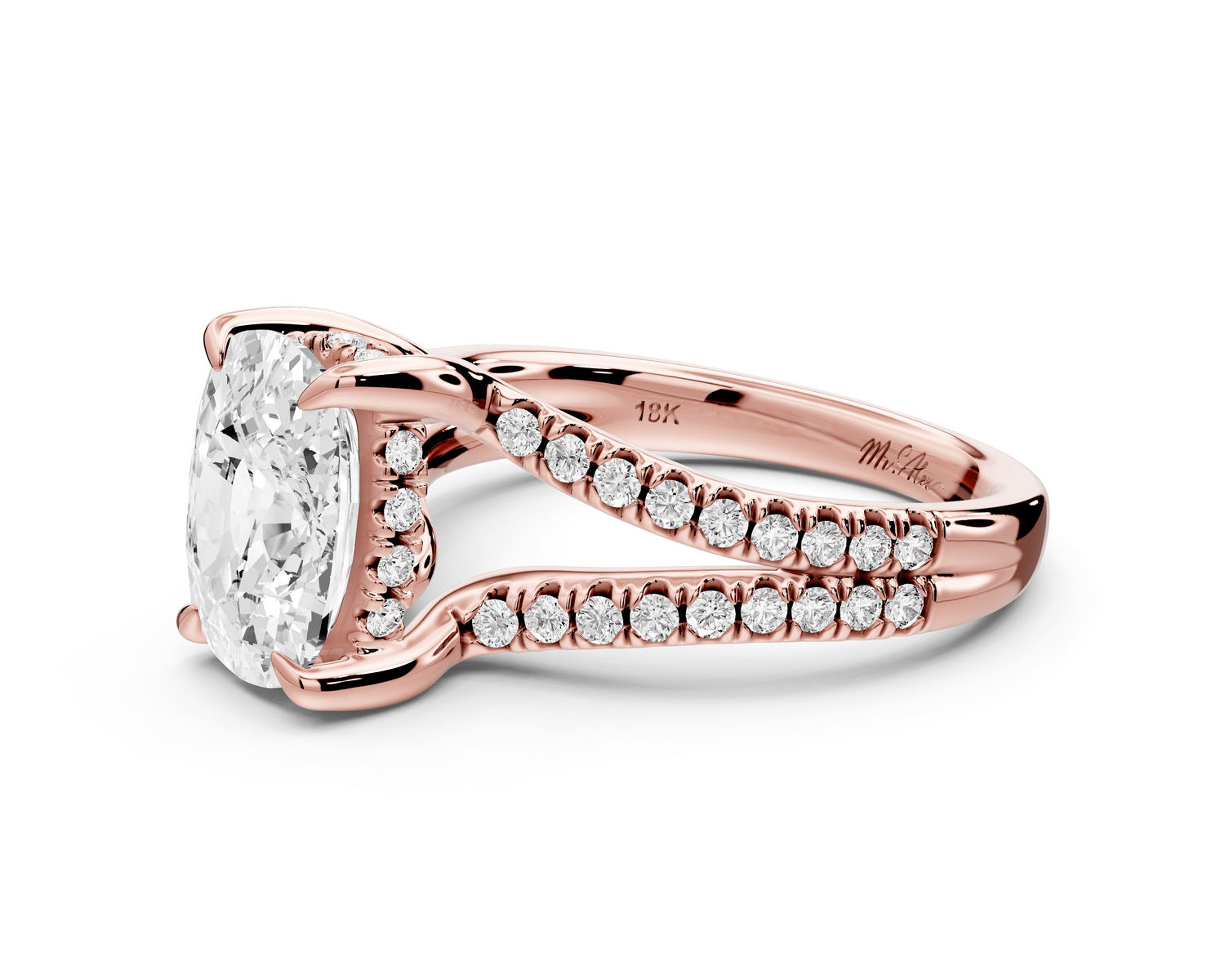 Liora - 3ct 18k rose gold ecushion Hidden Halo Micro Pavé Split Shank Engagement Ring - Mr. Alex Jewelry