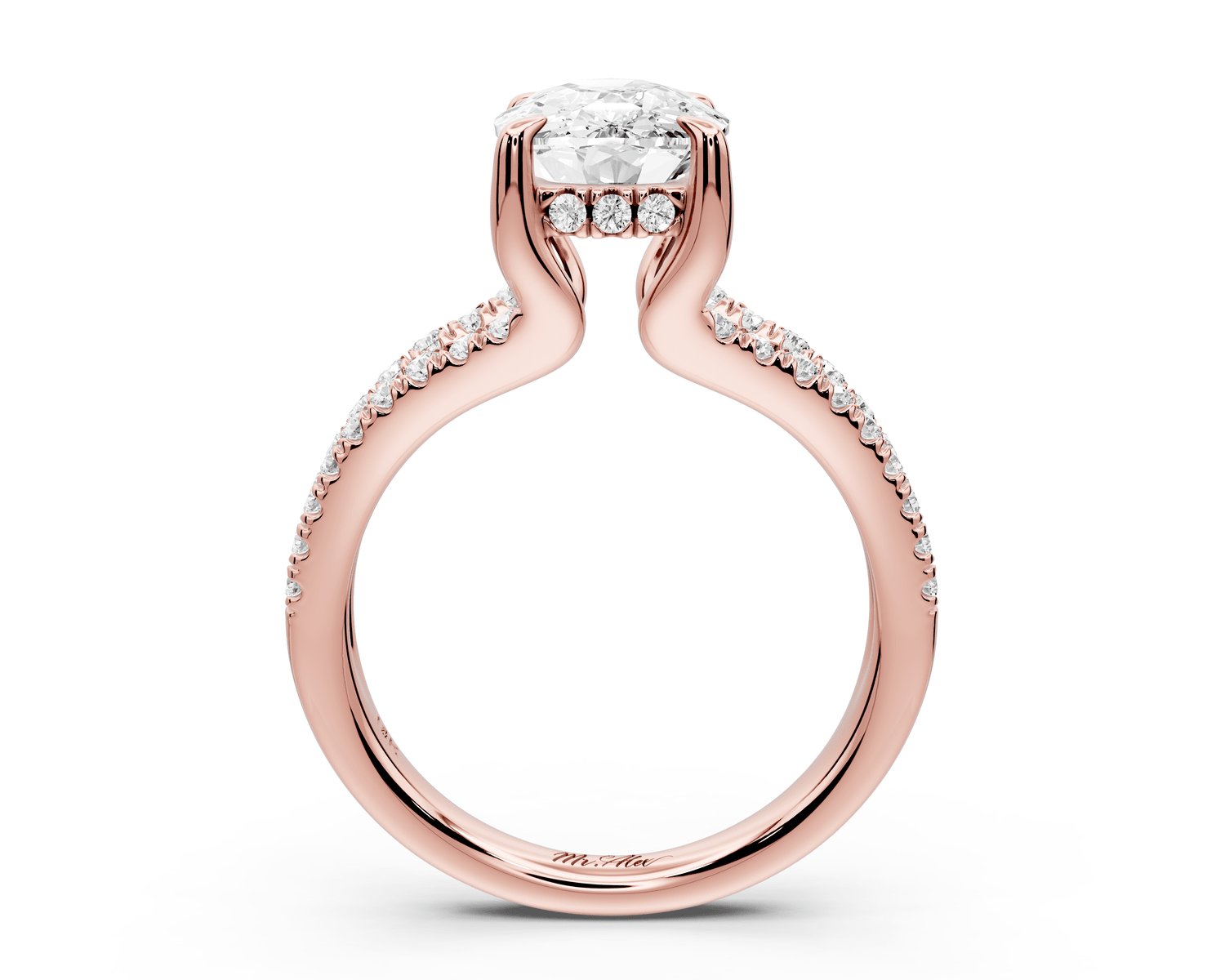 Liora - 3ct 18k rose gold ecushion Hidden Halo Micro Pavé Split Shank Engagement Ring - Mr. Alex Jewelry