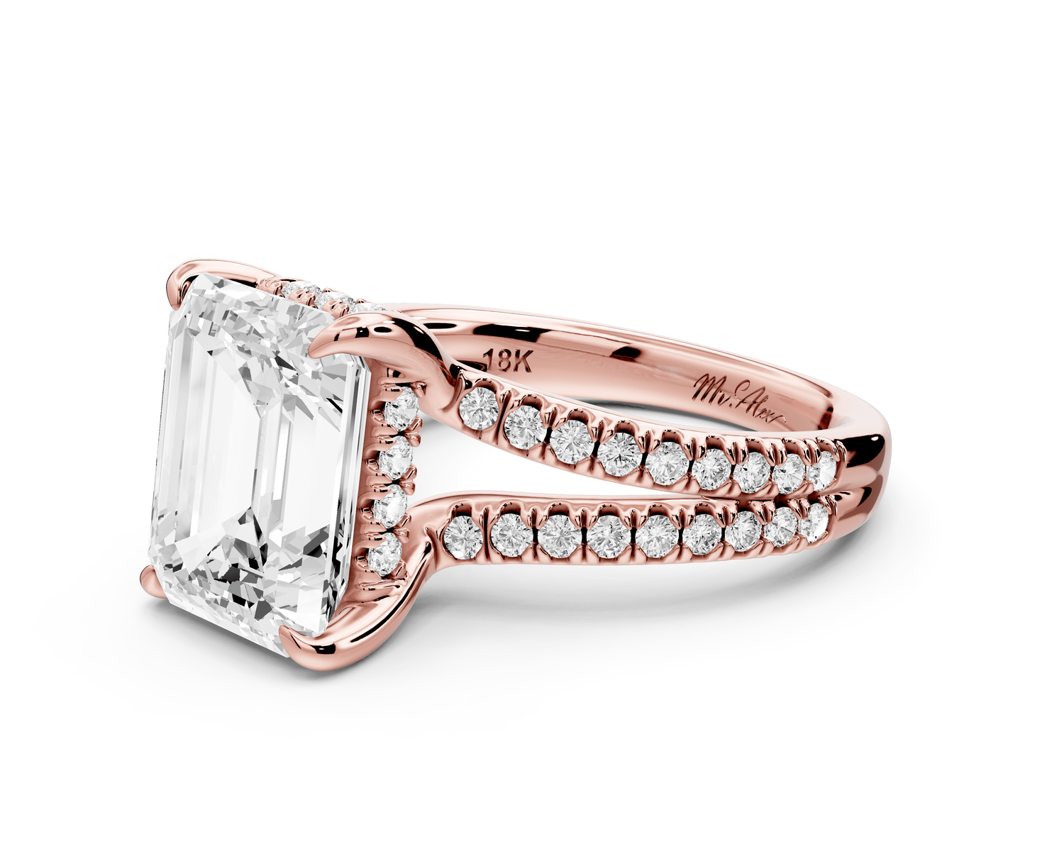 Liora - 3ct 18k rose gold emerald Hidden Halo Micro Pavé Split Shank Engagement Ring - Mr. Alex Jewelry