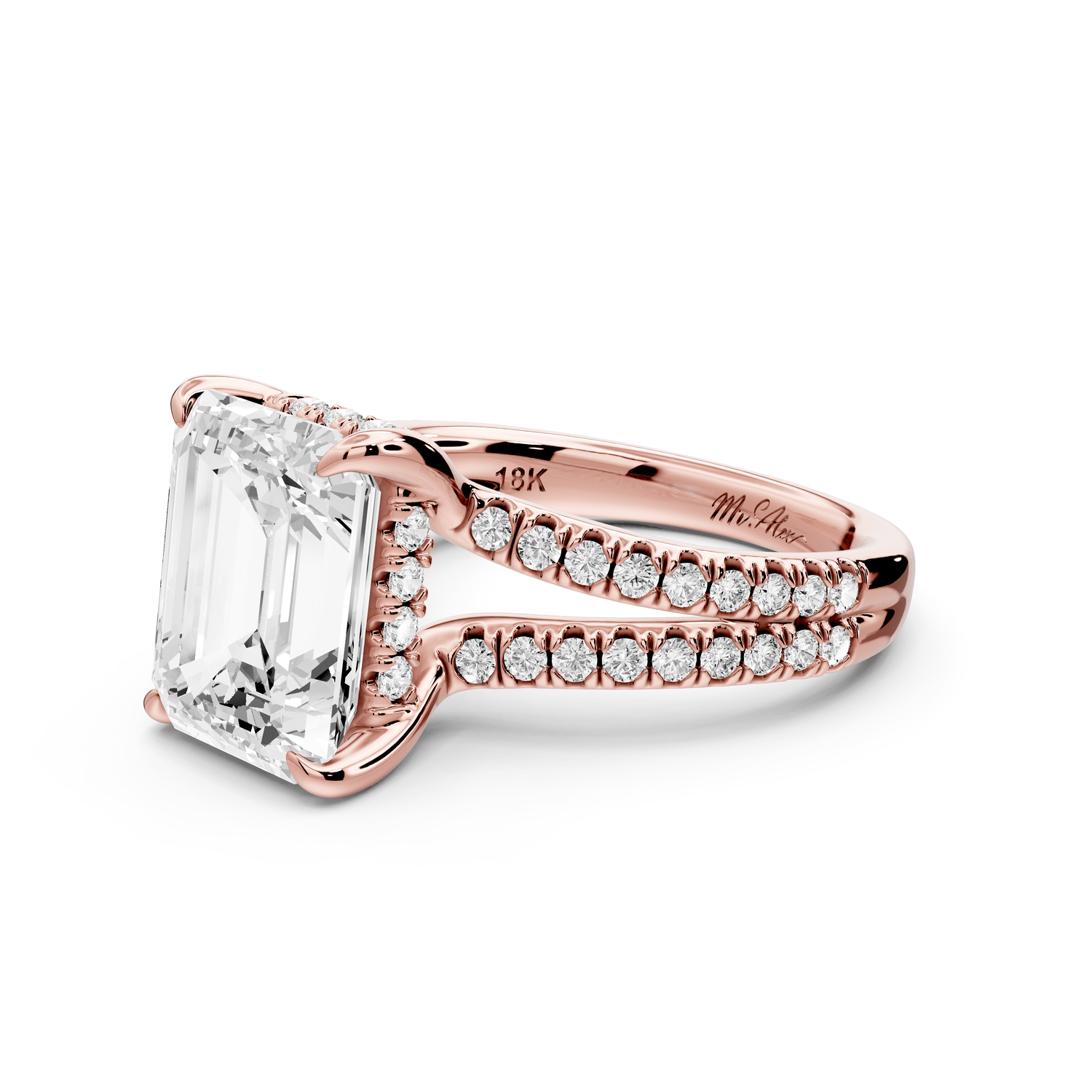 Liora - 3ct 18k rose gold emerald Hidden Halo Micro Pavé Split Shank Engagement Ring - Mr. Alex Jewelry