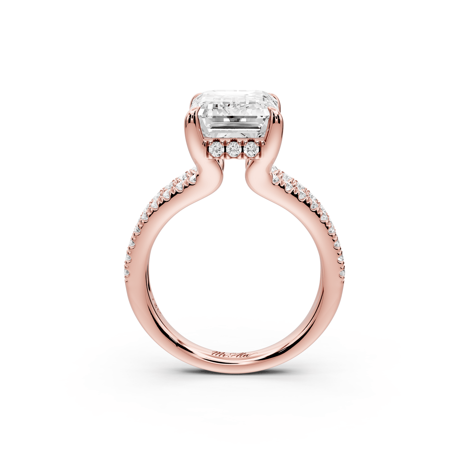 Liora - 3ct 18k rose gold emerald Hidden Halo Micro Pavé Split Shank Engagement Ring - Mr. Alex Jewelry
