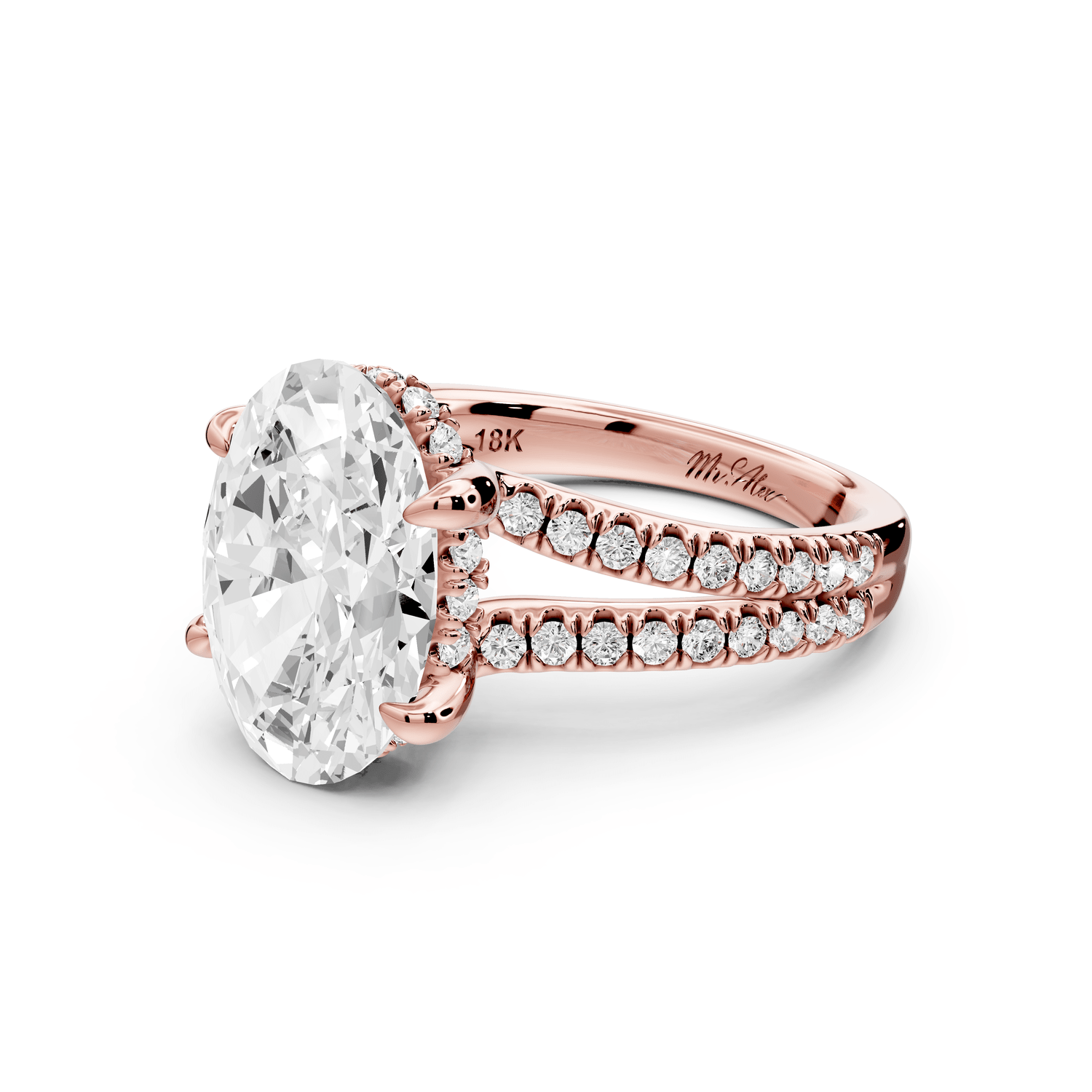 Liora - 3ct 18k rose gold oval Hidden Halo Micro Pavé Split Shank Engagement Ring - Mr. Alex Jewelry