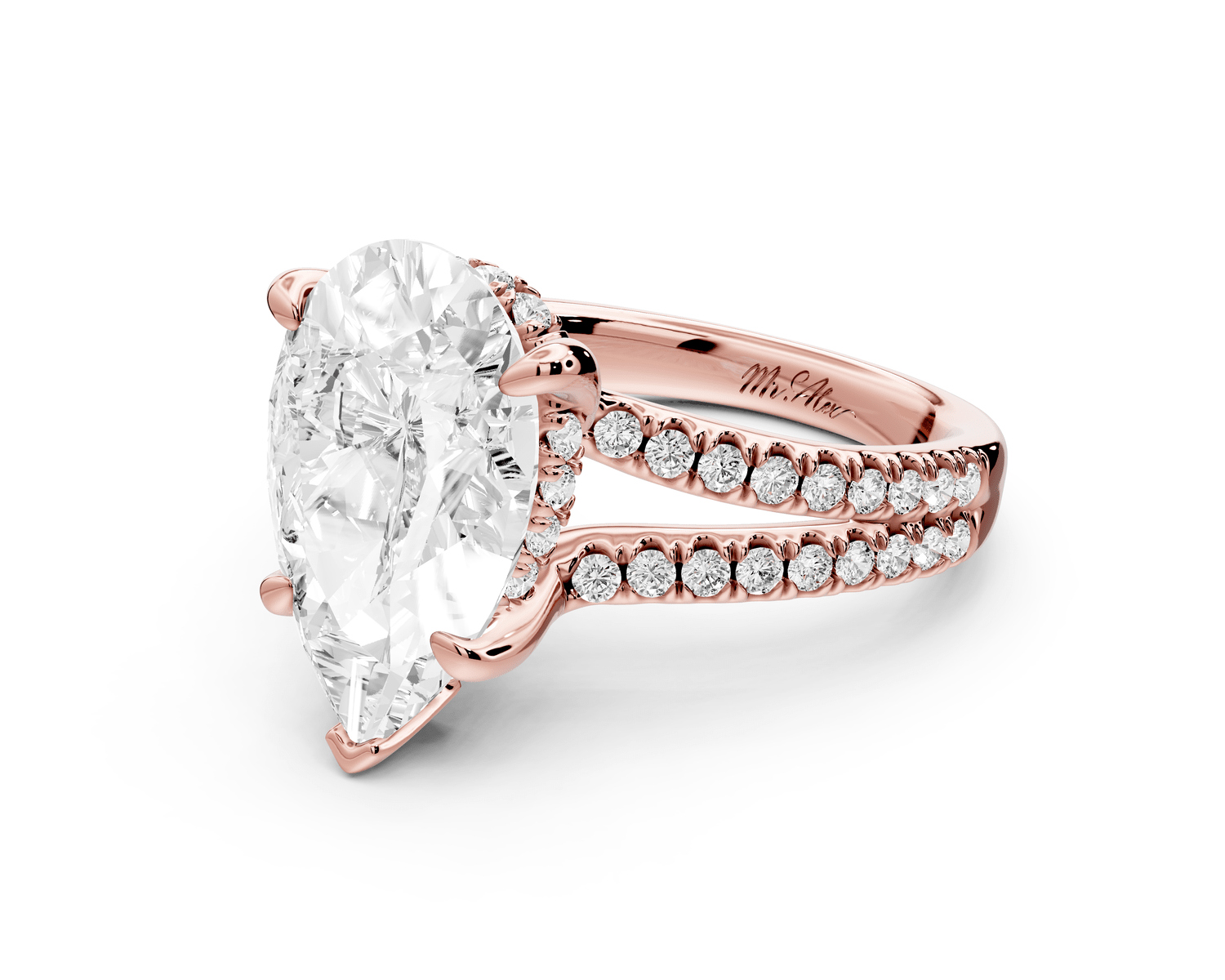 Liora - 3ct 18k rose gold pear Hidden Halo Micro Pavé Split Shank Engagement Ring - Mr. Alex Jewelry