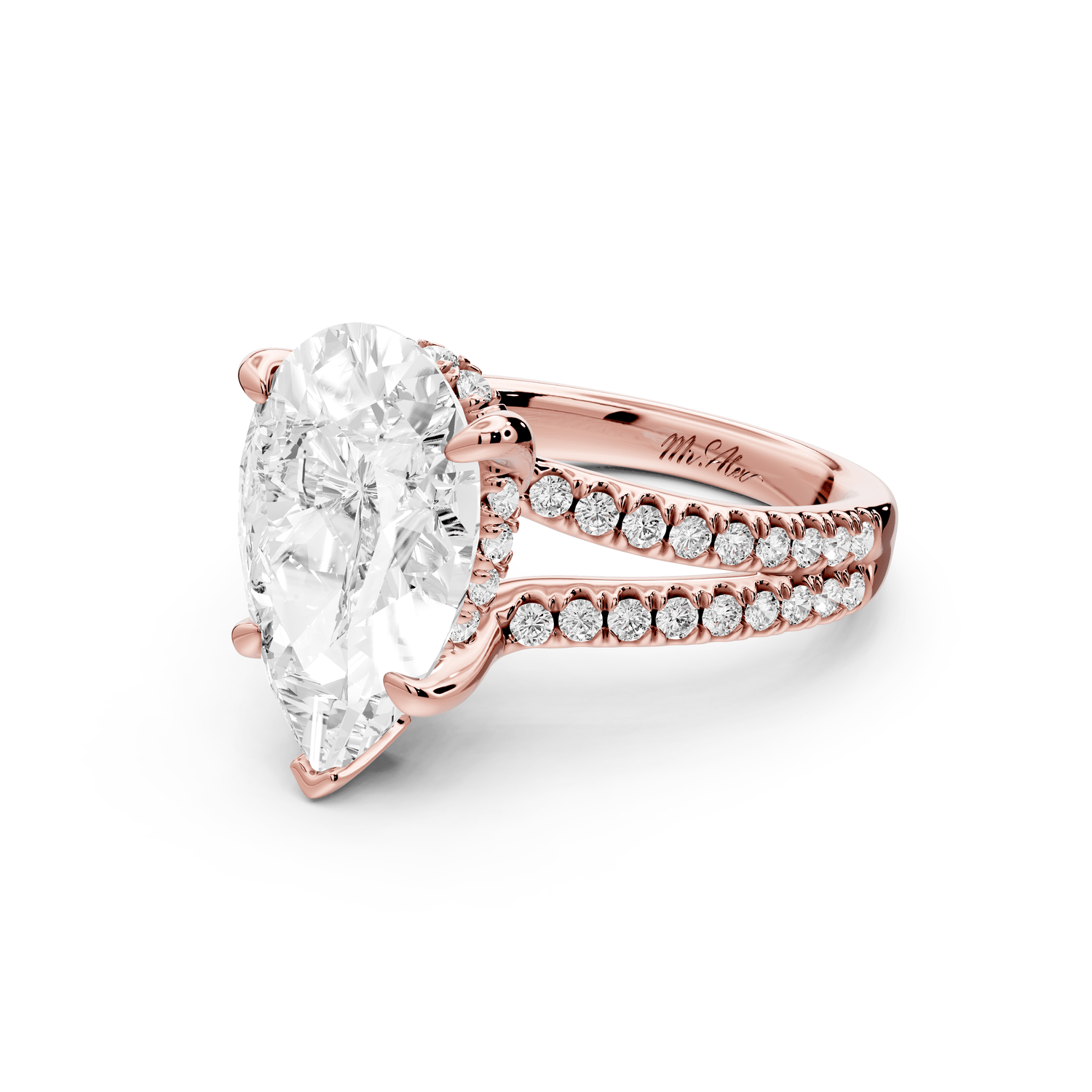 Liora - 3ct 18k rose gold pear Hidden Halo Micro Pavé Split Shank Engagement Ring - Mr. Alex Jewelry