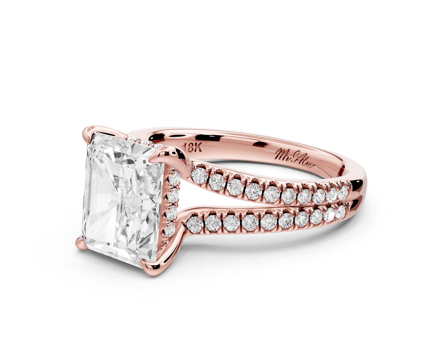 Liora - 3ct 18k rose gold radiant Hidden Halo Micro Pavé Split Shank Engagement Ring - Mr. Alex Jewelry