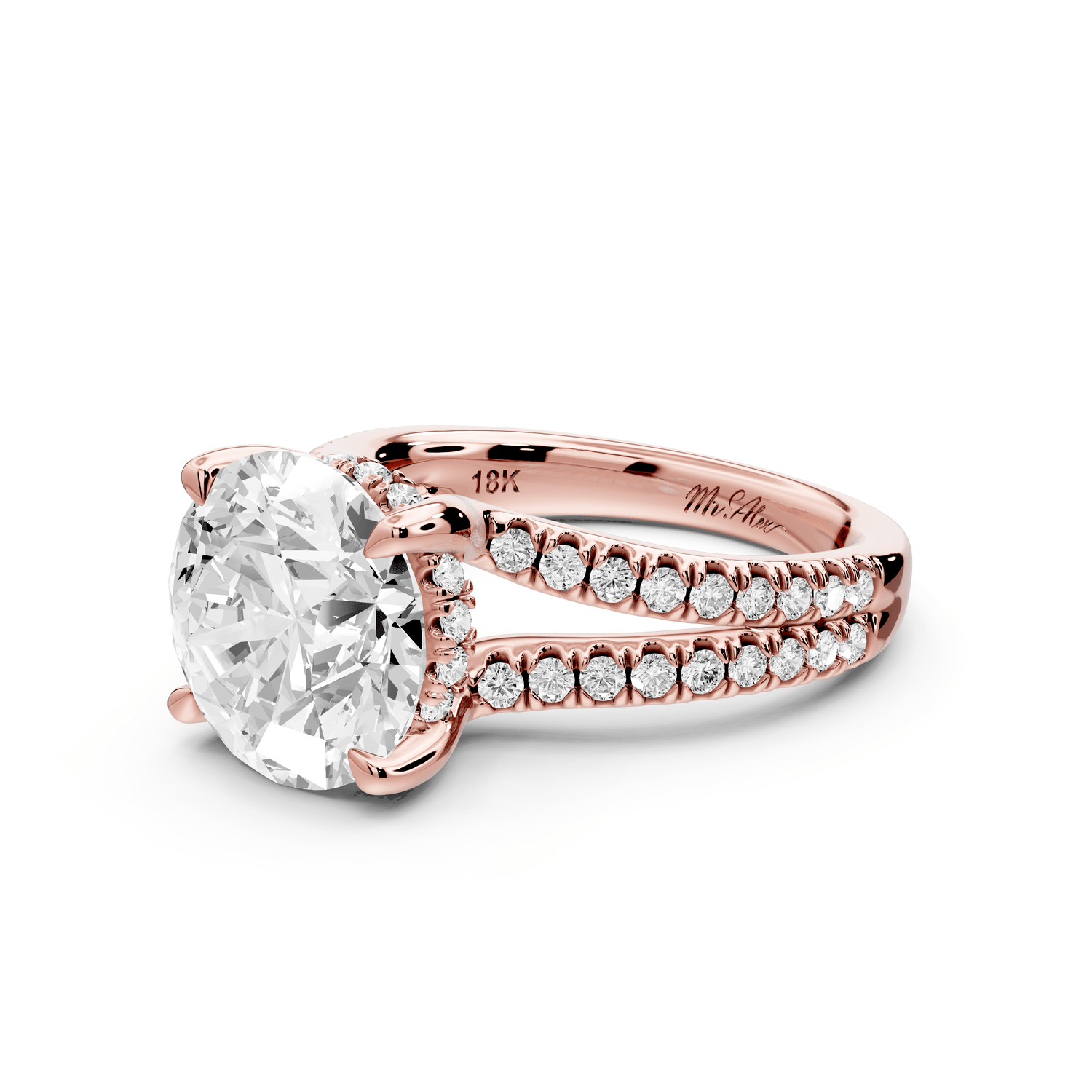 Liora - 3ct 18k rose gold round Hidden Halo Micro Pavé Split Shank Engagement Ring - Mr. Alex Jewelry