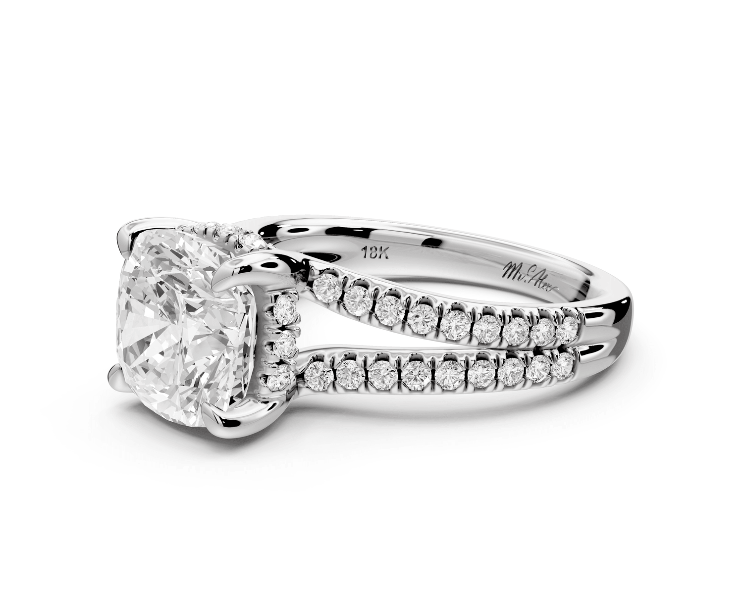 Liora - 3ct 18k white gold cushion Hidden Halo Micro Pavé Split Shank Engagement Ring - Mr. Alex Jewelry
