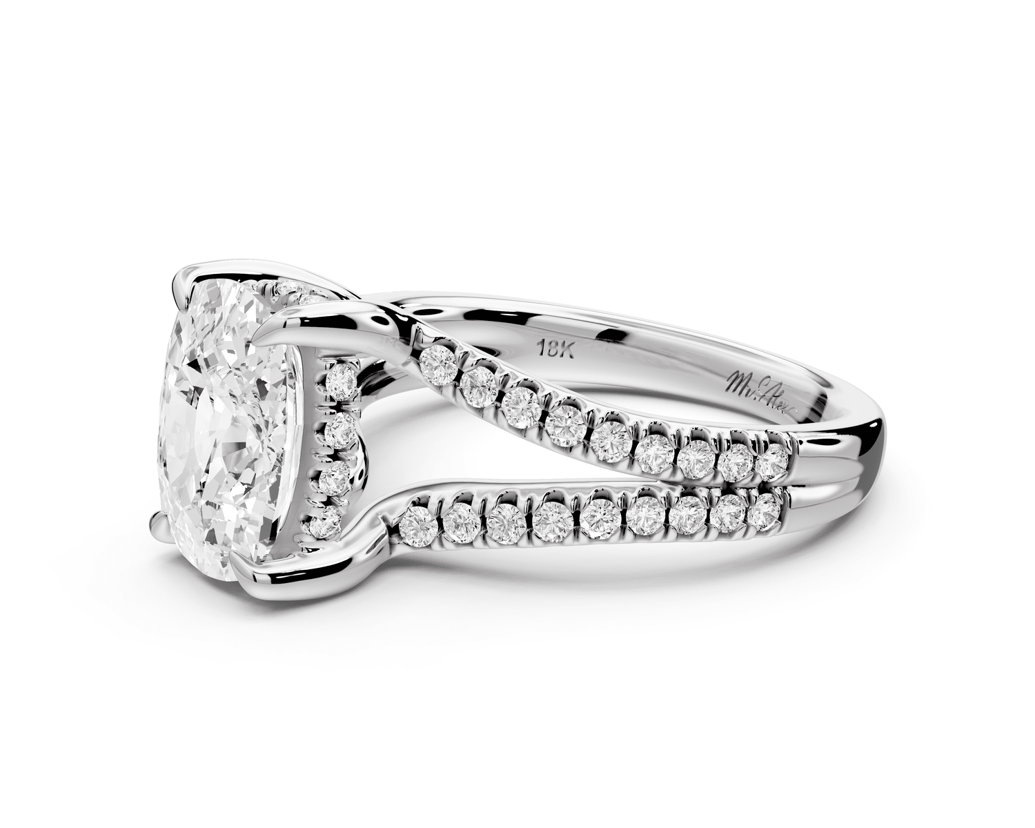 Liora - 3ct 18k white gold ecushion Hidden Halo Micro Pavé Split Shank Engagement Ring - Mr. Alex Jewelry