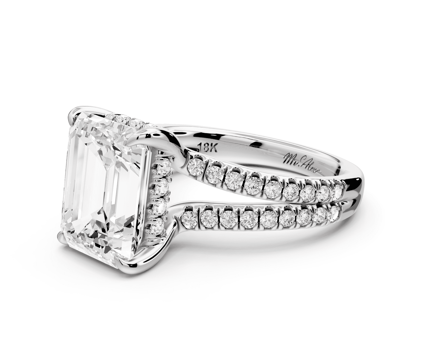 Liora - 3ct 18k white gold emerald Hidden Halo Micro Pavé Split Shank Engagement Ring - Mr. Alex Jewelry