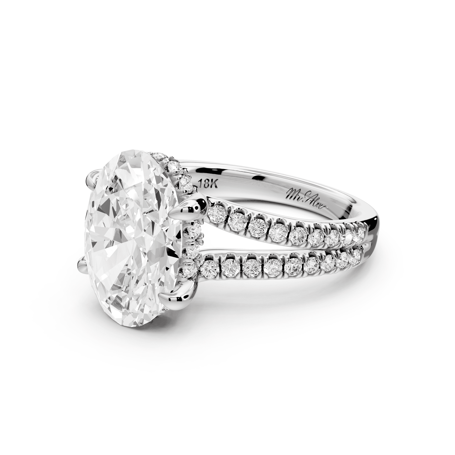 Liora - 3ct 18k white gold oval Hidden Halo Micro Pavé Split Shank Engagement Ring - Mr. Alex Jewelry