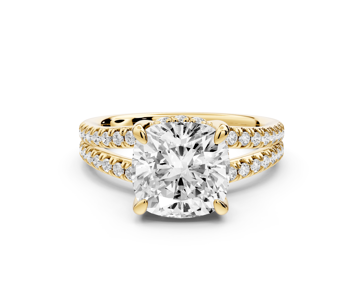 Liora - 3ct 18k yellow gold cushion Hidden Halo Micro Pavé Split Shank Engagement Ring - Mr. Alex Jewelry