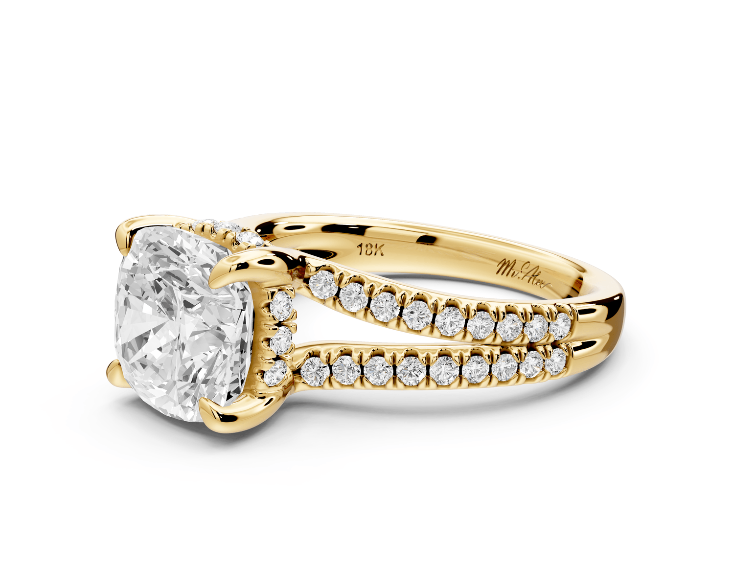 Liora - 3ct 18k yellow gold cushion Hidden Halo Micro Pavé Split Shank Engagement Ring - Mr. Alex Jewelry