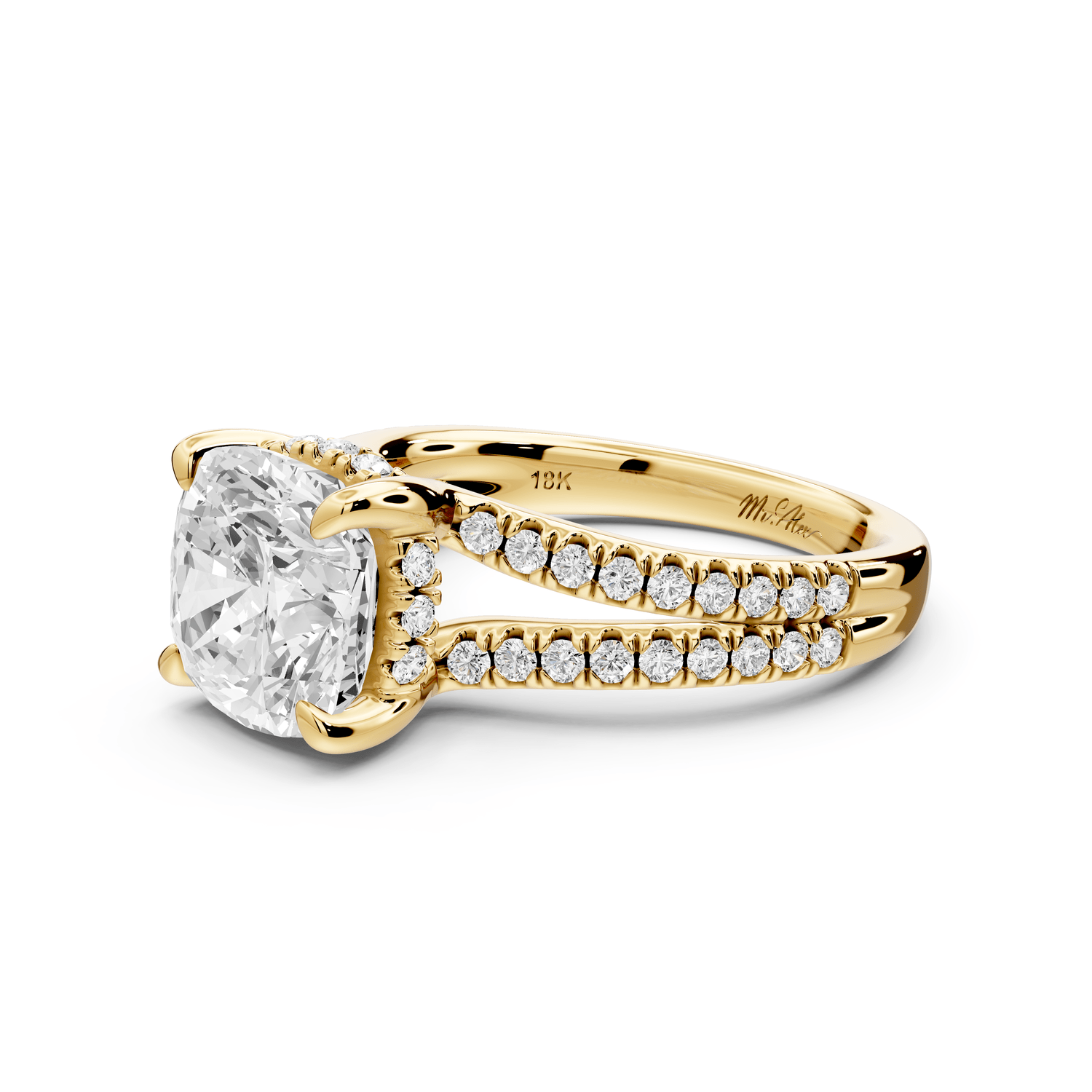 Liora - 3ct 18k yellow gold cushion Hidden Halo Micro Pavé Split Shank Engagement Ring - Mr. Alex Jewelry