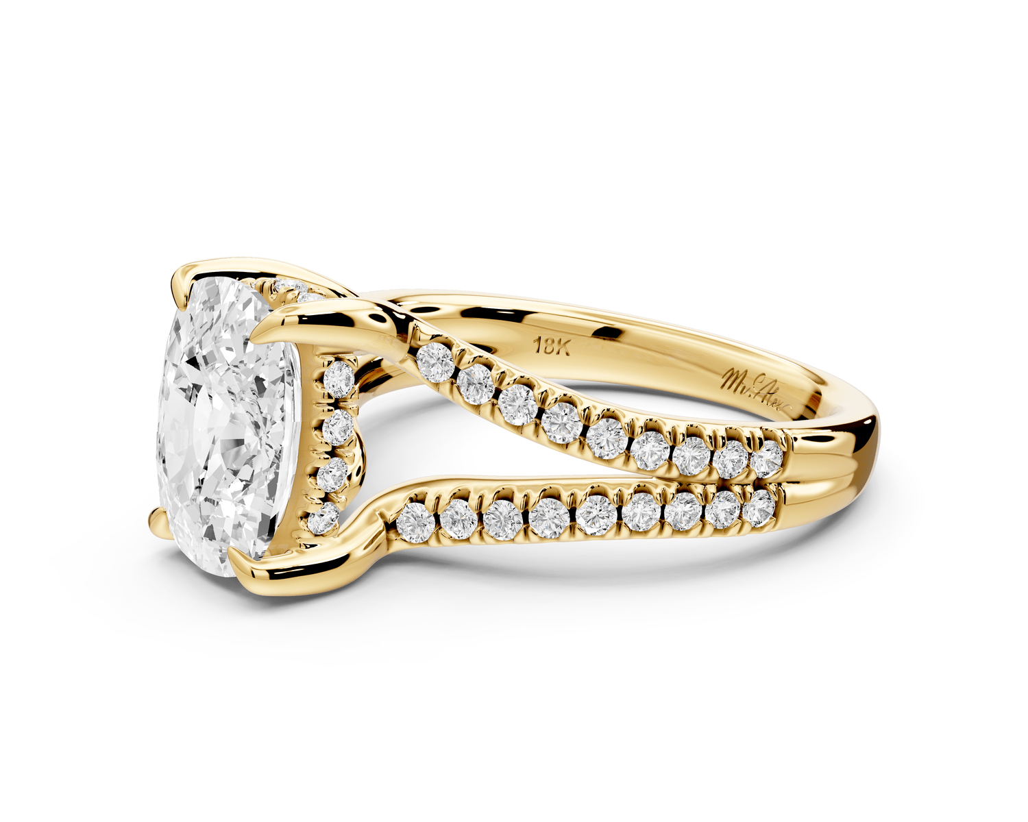 Liora - 3ct 18k yellow gold ecushion Hidden Halo Micro Pavé Split Shank Engagement Ring - Mr. Alex Jewelry