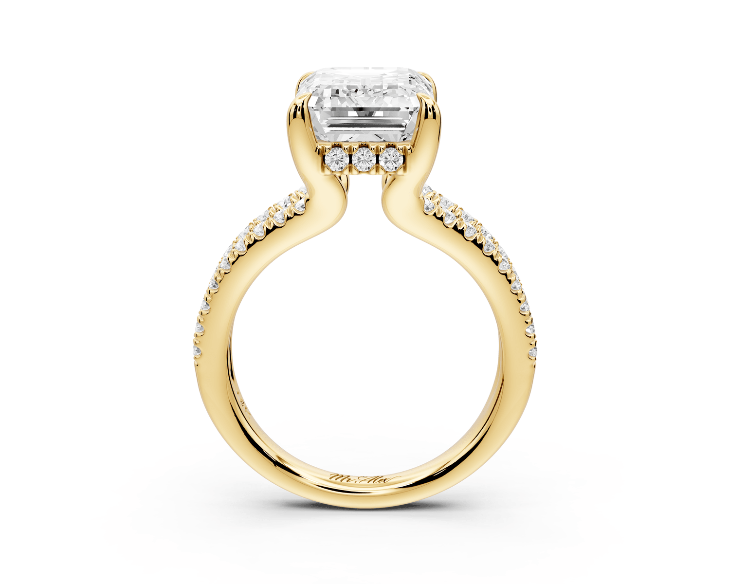 Liora - 3ct 18k yellow gold emerald Hidden Halo Micro Pavé Split Shank Engagement Ring - Mr. Alex Jewelry