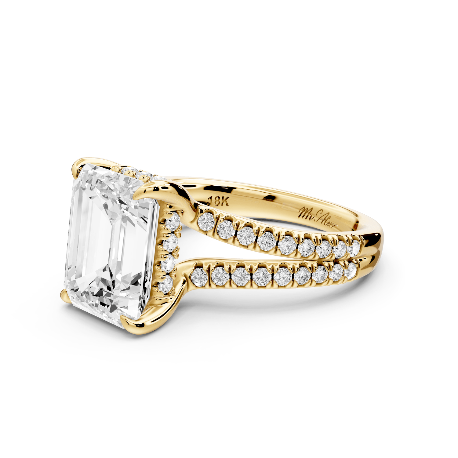 Liora - 3ct 18k yellow gold emerald Hidden Halo Micro Pavé Split Shank Engagement Ring - Mr. Alex Jewelry