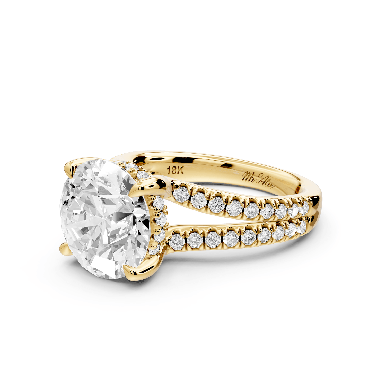 Liora - 3ct 18k yellow gold round Hidden Halo Micro Pavé Split Shank Engagement Ring - Mr. Alex Jewelry