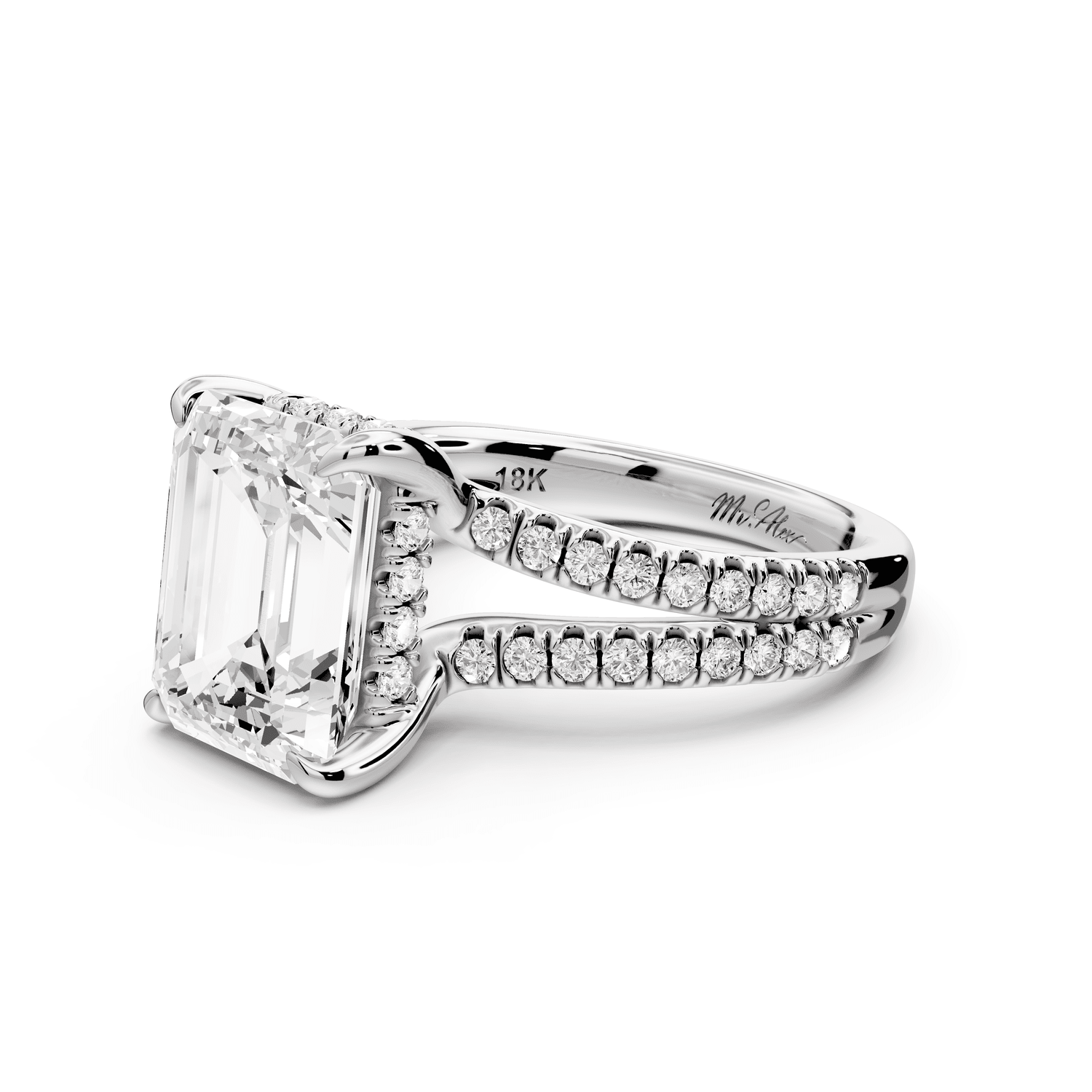 Liora - 3ct platinum emerald Hidden Halo Micro Pavé Split Shank Engagement Ring - Mr. Alex Jewelry