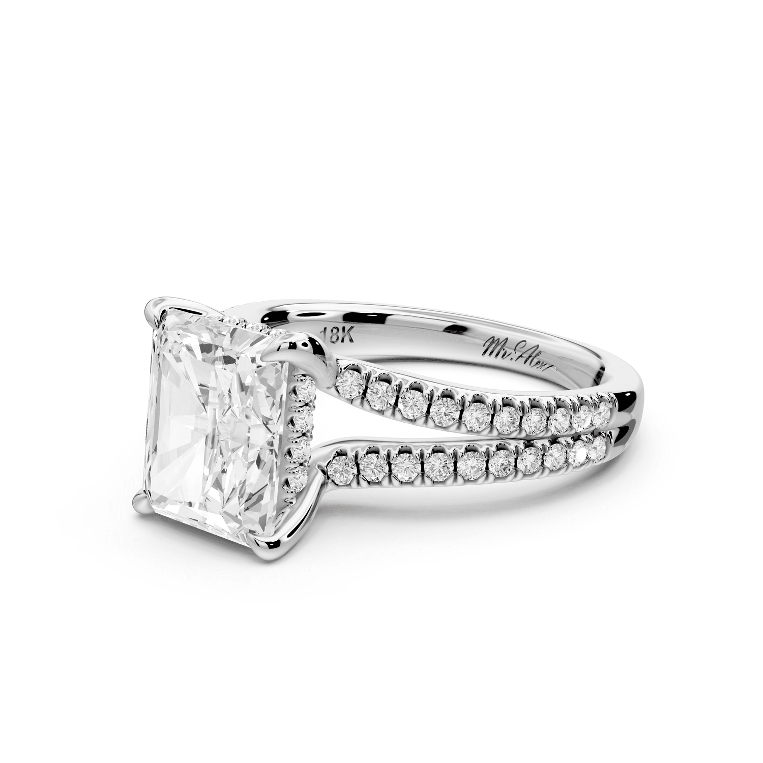Liora - 3ct platinum radiant Hidden Halo Micro Pavé Split Shank Engagement Ring - Mr. Alex Jewelry