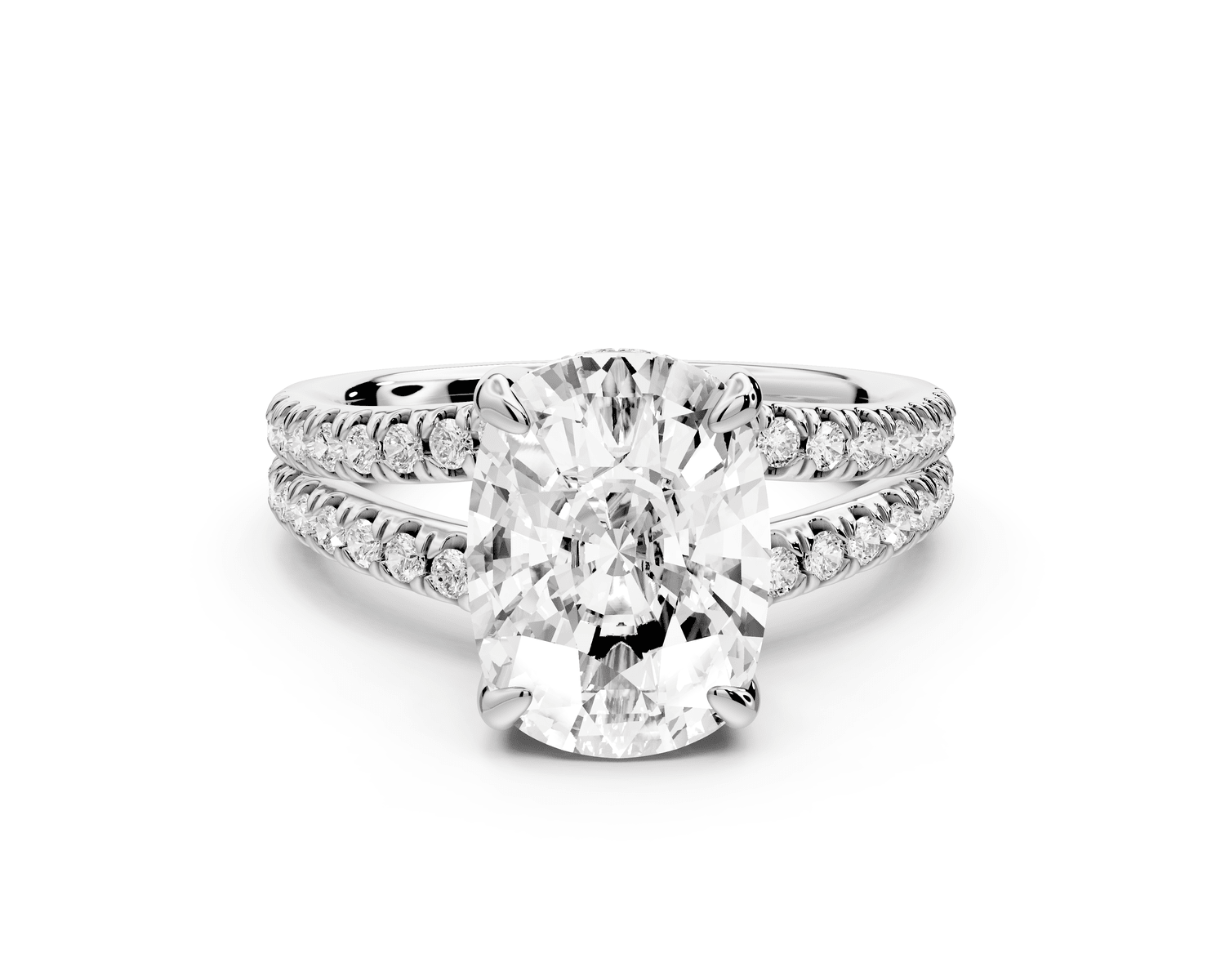 Liora - 4ct 14k white gold ecushion Hidden Halo Micro Pavé Split Shank Engagement Ring - Mr. Alex Jewelry