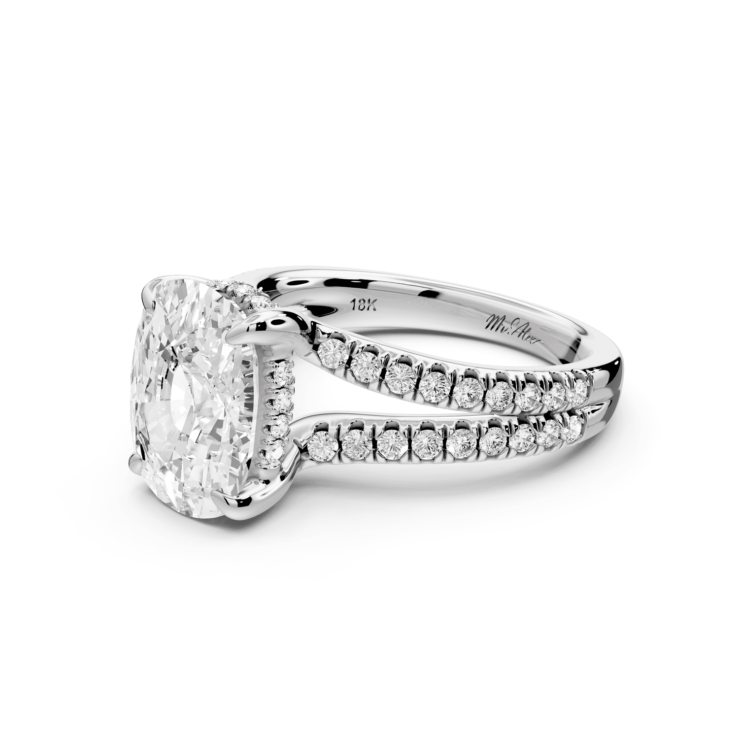 Liora - 4ct 14k white gold ecushion Hidden Halo Micro Pavé Split Shank Engagement Ring - Mr. Alex Jewelry