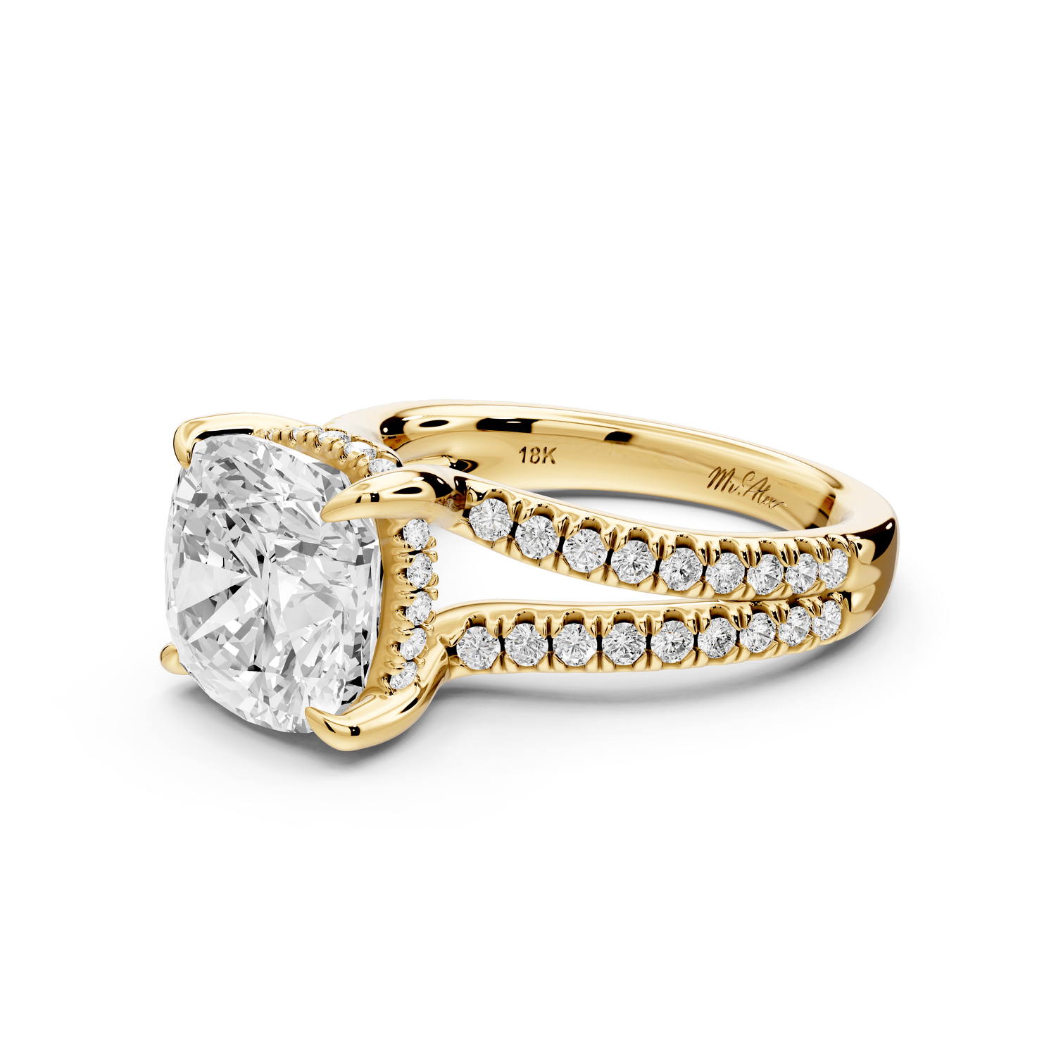 Liora - 4ct 14k yellow gold cushion Hidden Halo Micro Pavé Split Shank Engagement Ring - Mr. Alex Jewelry