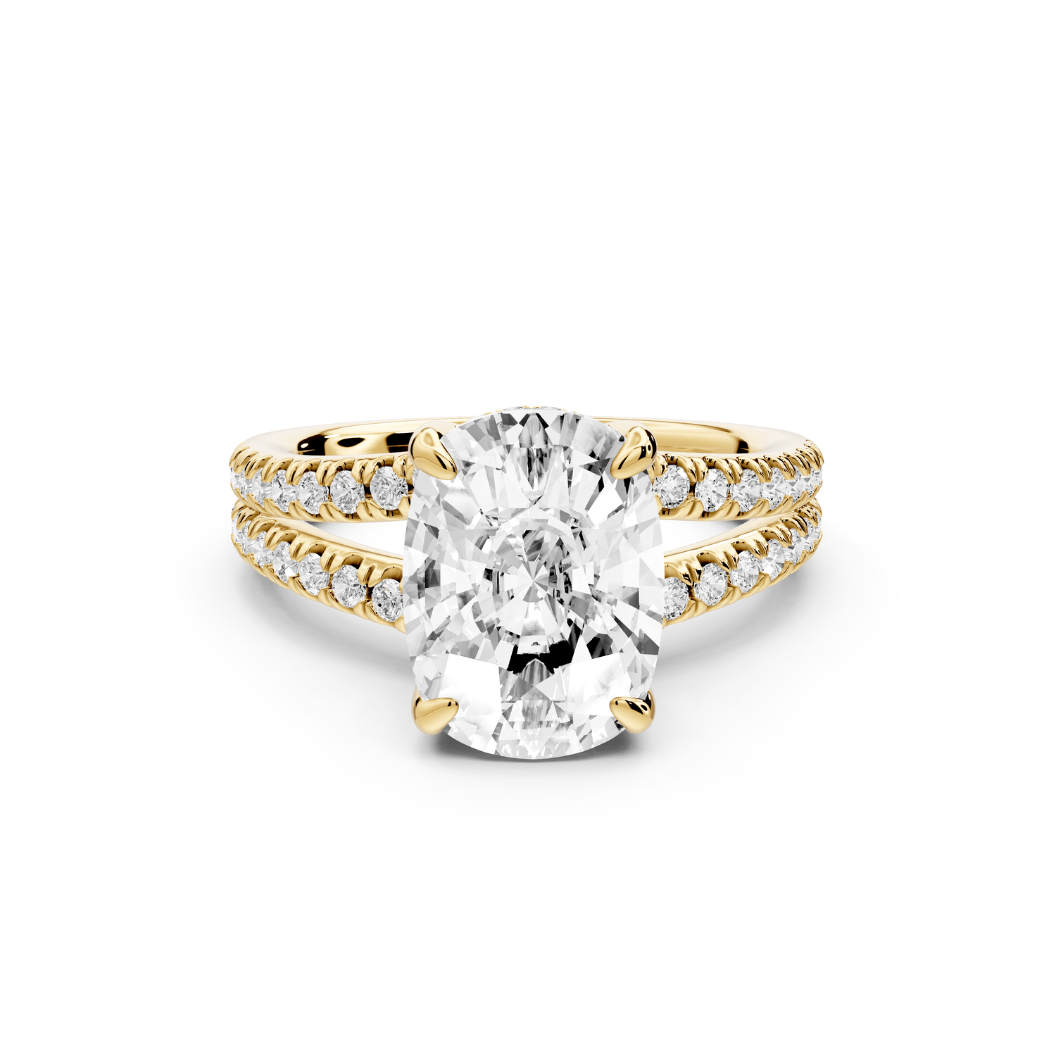 Liora - 4ct 14k yellow gold ecushion Hidden Halo Micro Pavé Split Shank Engagement Ring - Mr. Alex Jewelry