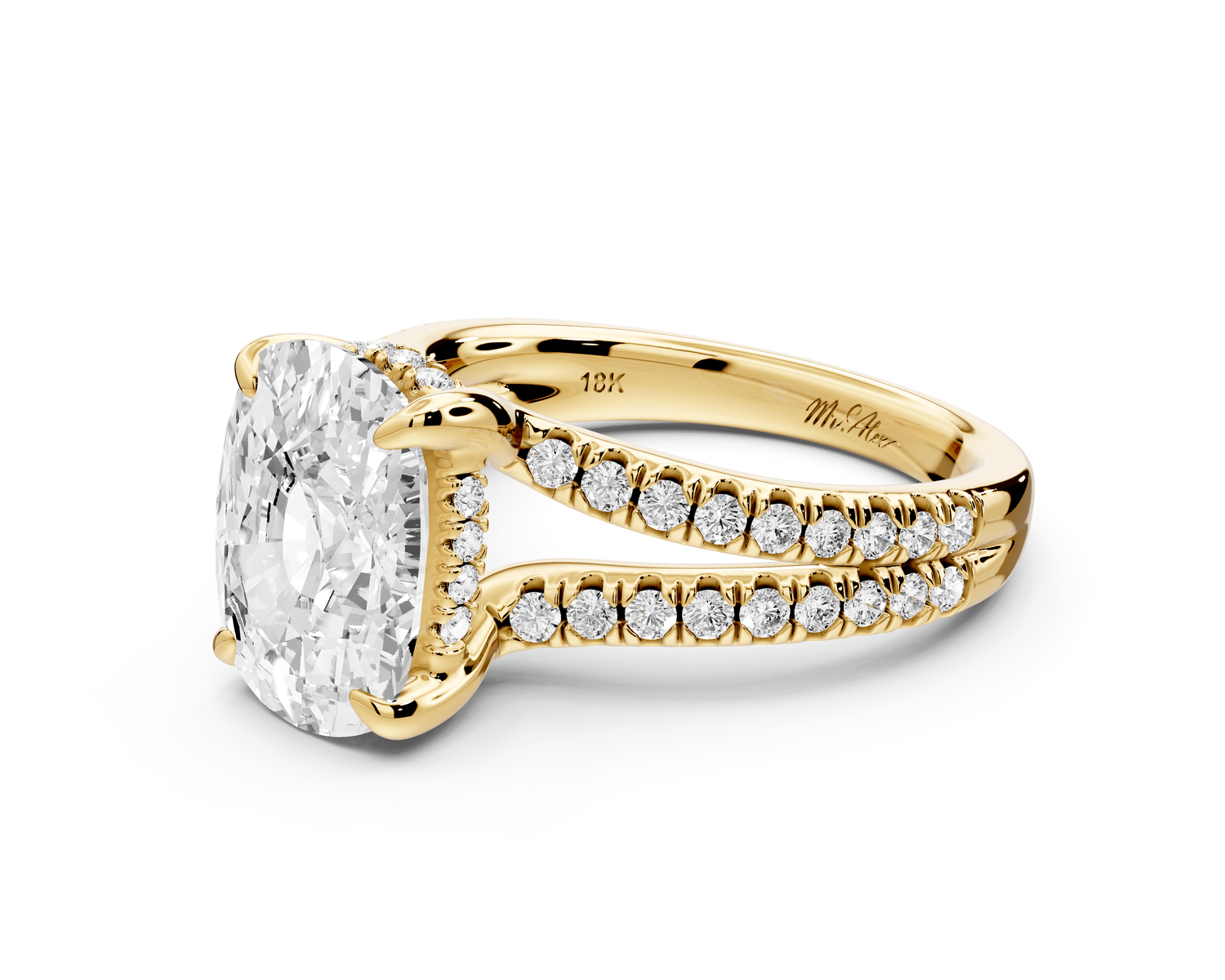 Liora - 4ct 14k yellow gold ecushion Hidden Halo Micro Pavé Split Shank Engagement Ring - Mr. Alex Jewelry