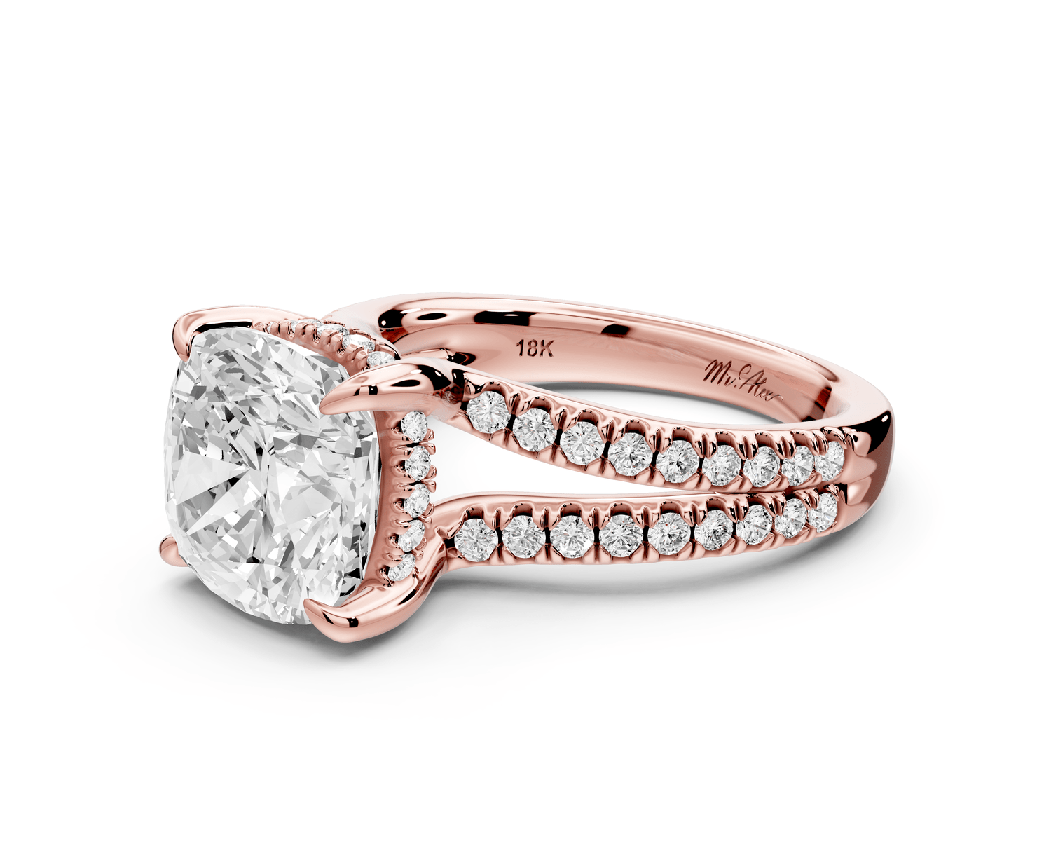 Liora - 4ct 18k rose gold cushion Hidden Halo Micro Pavé Split Shank Engagement Ring - Mr. Alex Jewelry