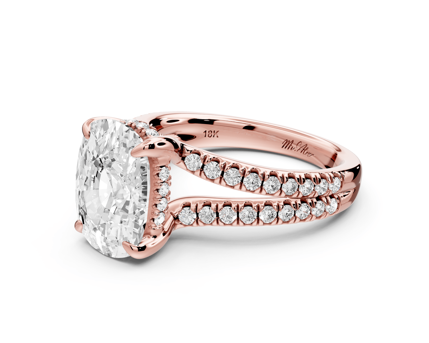 Liora - 4ct 18k rose gold ecushion Hidden Halo Micro Pavé Split Shank Engagement Ring - Mr. Alex Jewelry