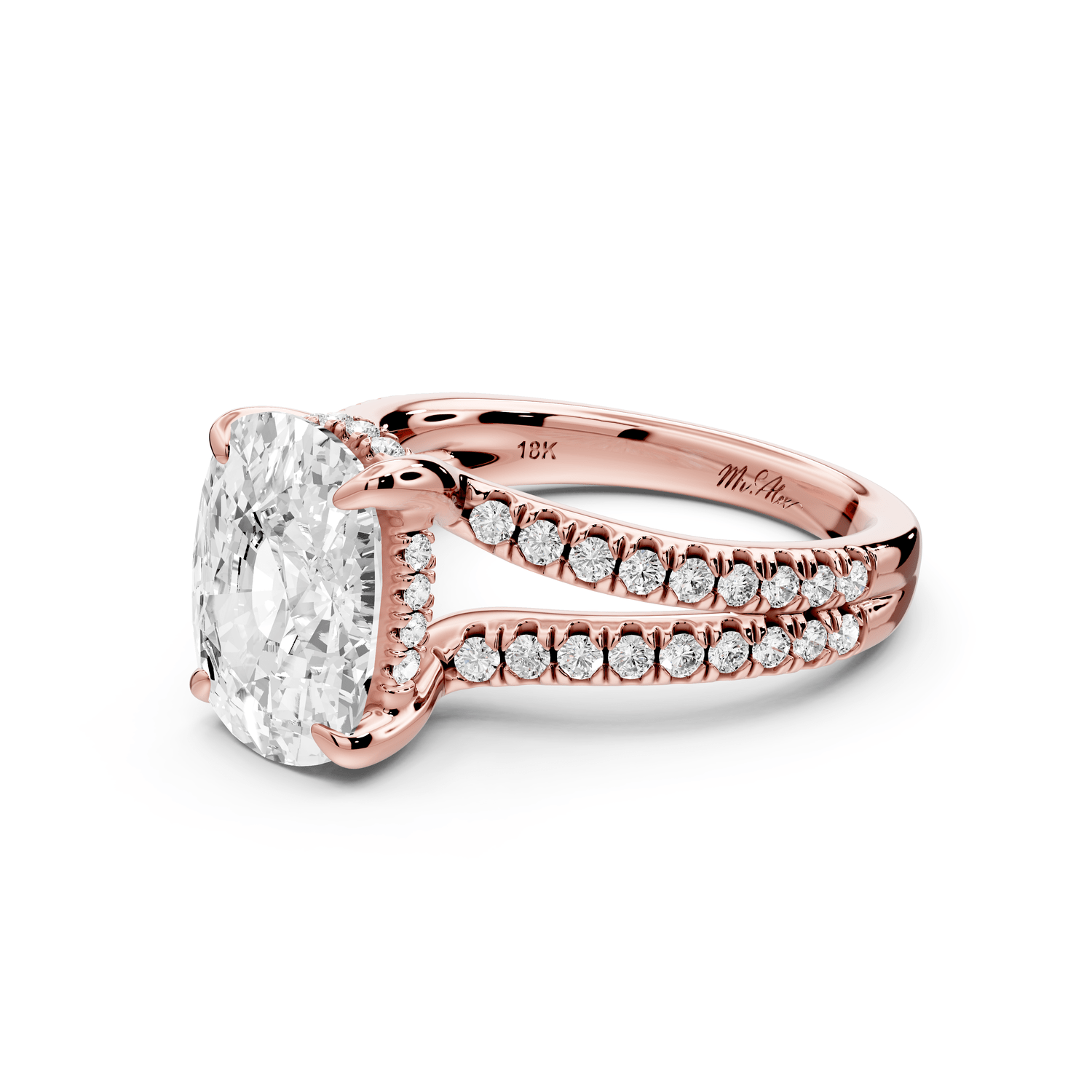 Liora - 4ct 18k rose gold ecushion Hidden Halo Micro Pavé Split Shank Engagement Ring - Mr. Alex Jewelry