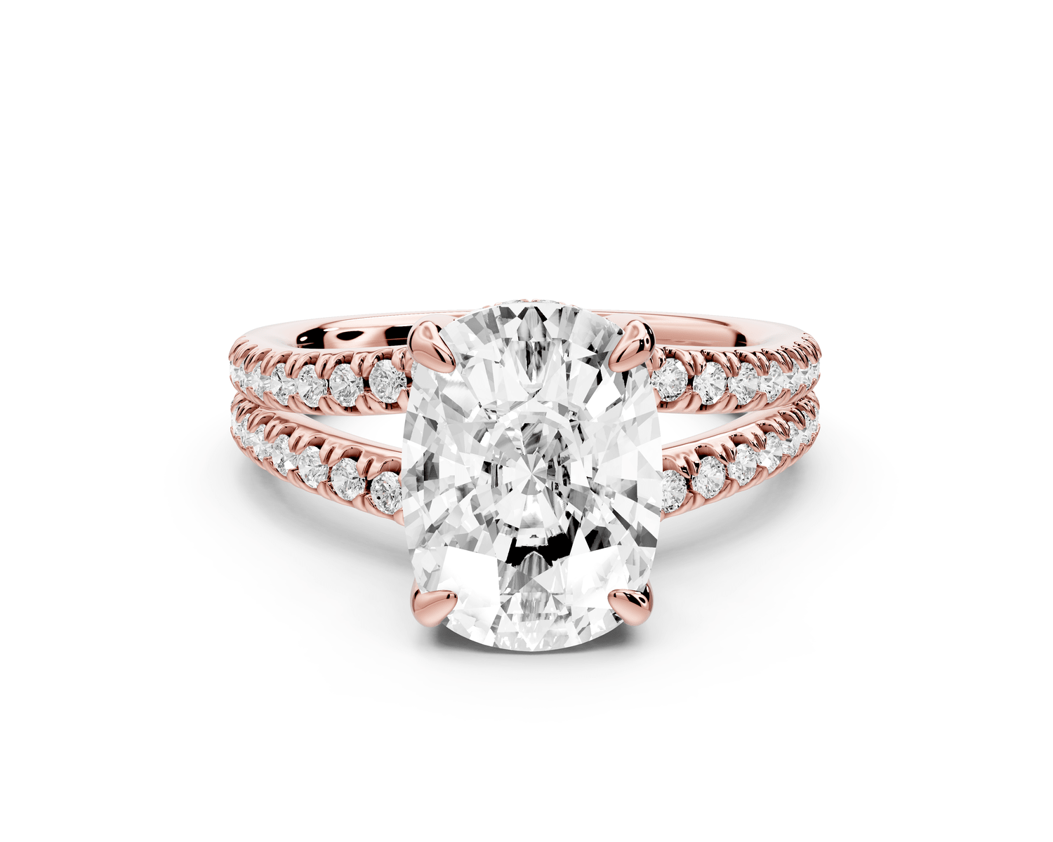 Liora - 4ct 18k rose gold ecushion Hidden Halo Micro Pavé Split Shank Engagement Ring - Mr. Alex Jewelry