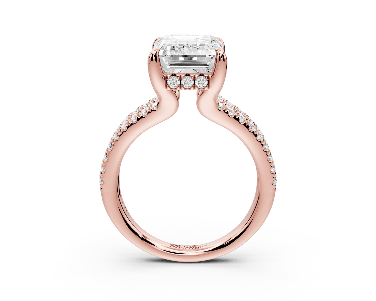 Liora - 4ct 18k rose gold emerald Hidden Halo Micro Pavé Split Shank Engagement Ring - Mr. Alex Jewelry