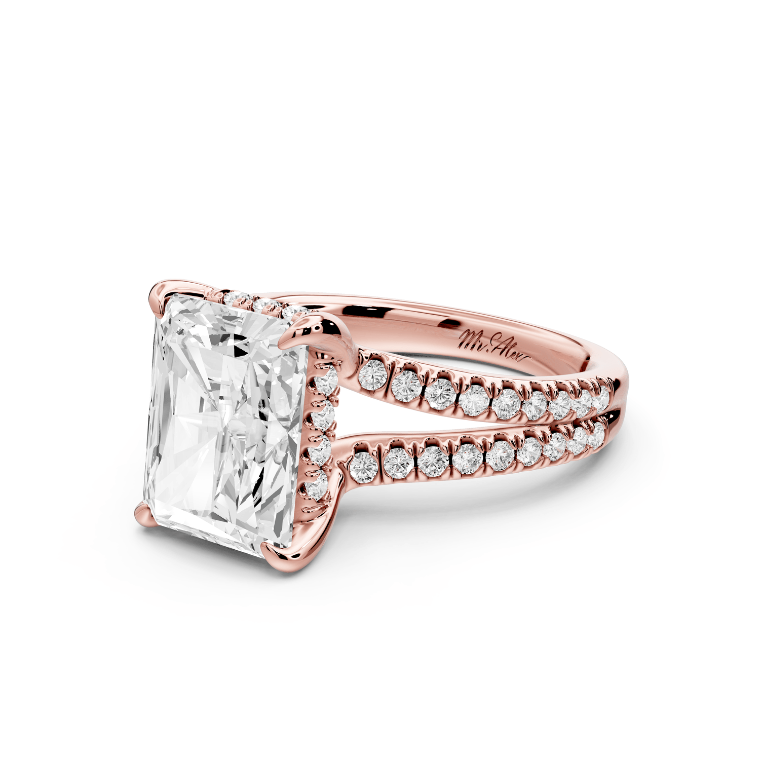 Liora - 4ct 18k rose gold radiant Hidden Halo Micro Pavé Split Shank Engagement Ring - Mr. Alex Jewelry