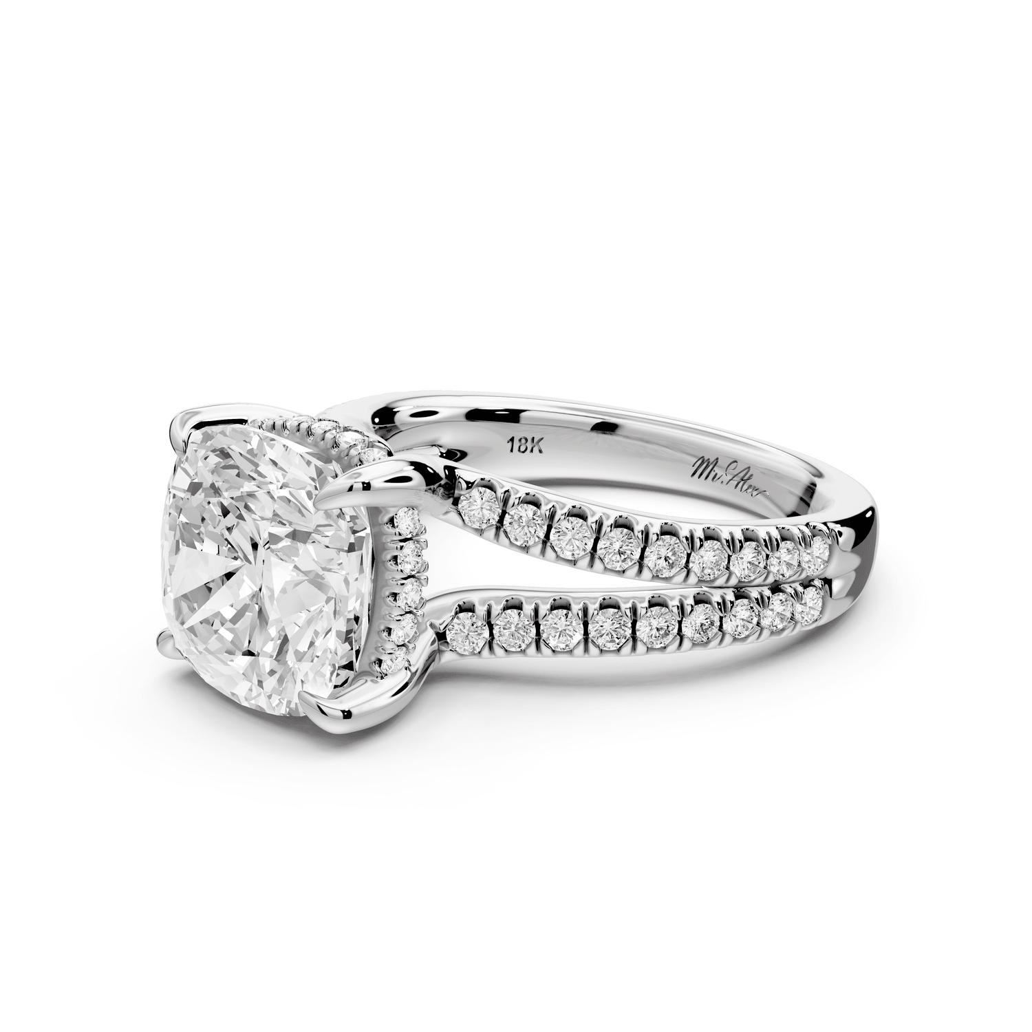 Liora - 4ct 18k white gold cushion Hidden Halo Micro Pavé Split Shank Engagement Ring - Mr. Alex Jewelry