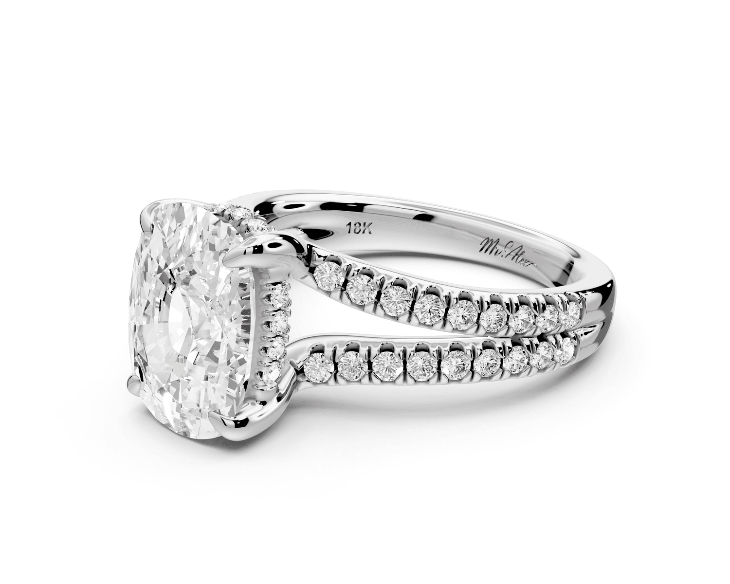 Liora - 4ct 18k white gold ecushion Hidden Halo Micro Pavé Split Shank Engagement Ring - Mr. Alex Jewelry
