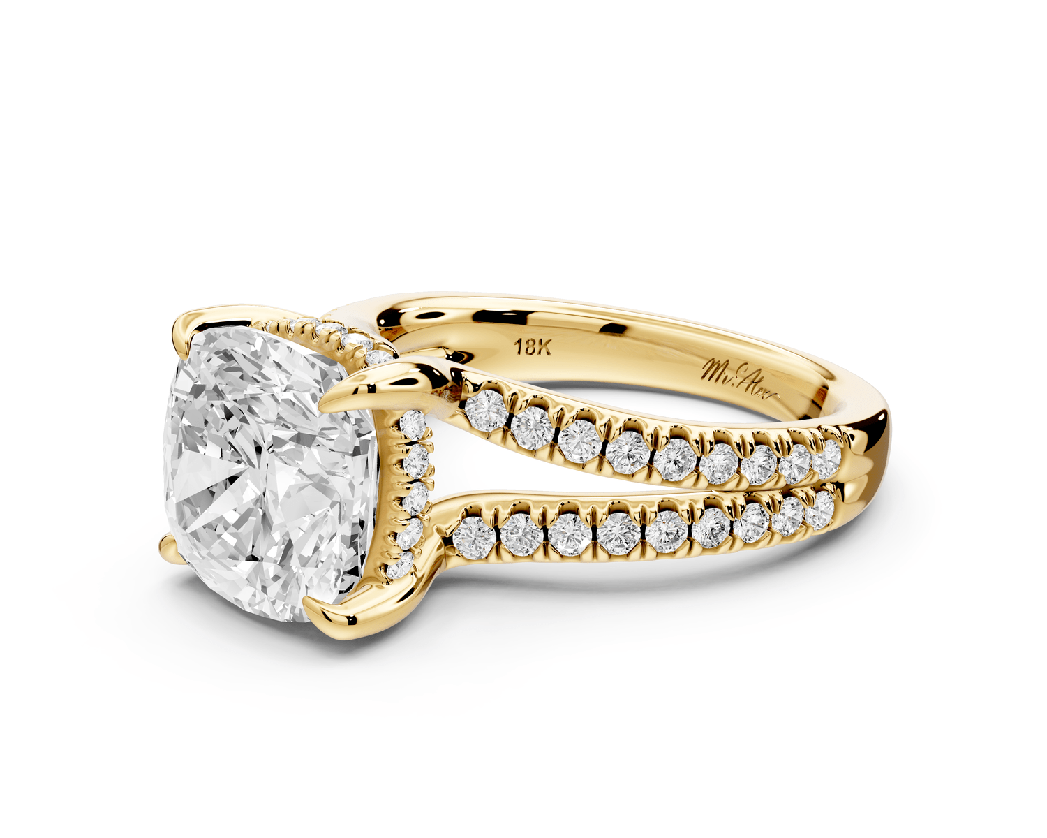 Liora - 4ct 18k yellow gold cushion Hidden Halo Micro Pavé Split Shank Engagement Ring - Mr. Alex Jewelry