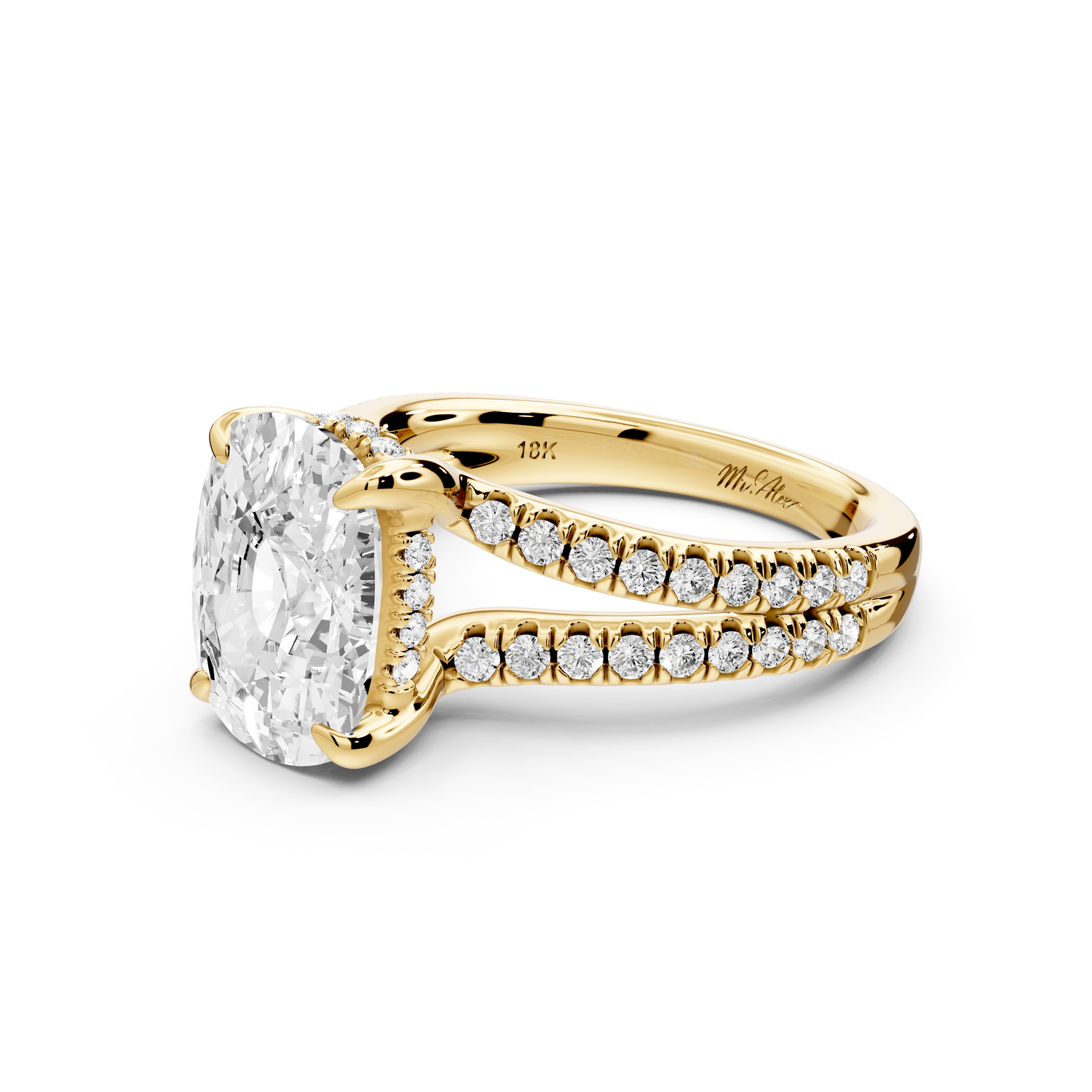 Liora - 4ct 18k yellow gold ecushion Hidden Halo Micro Pavé Split Shank Engagement Ring - Mr. Alex Jewelry