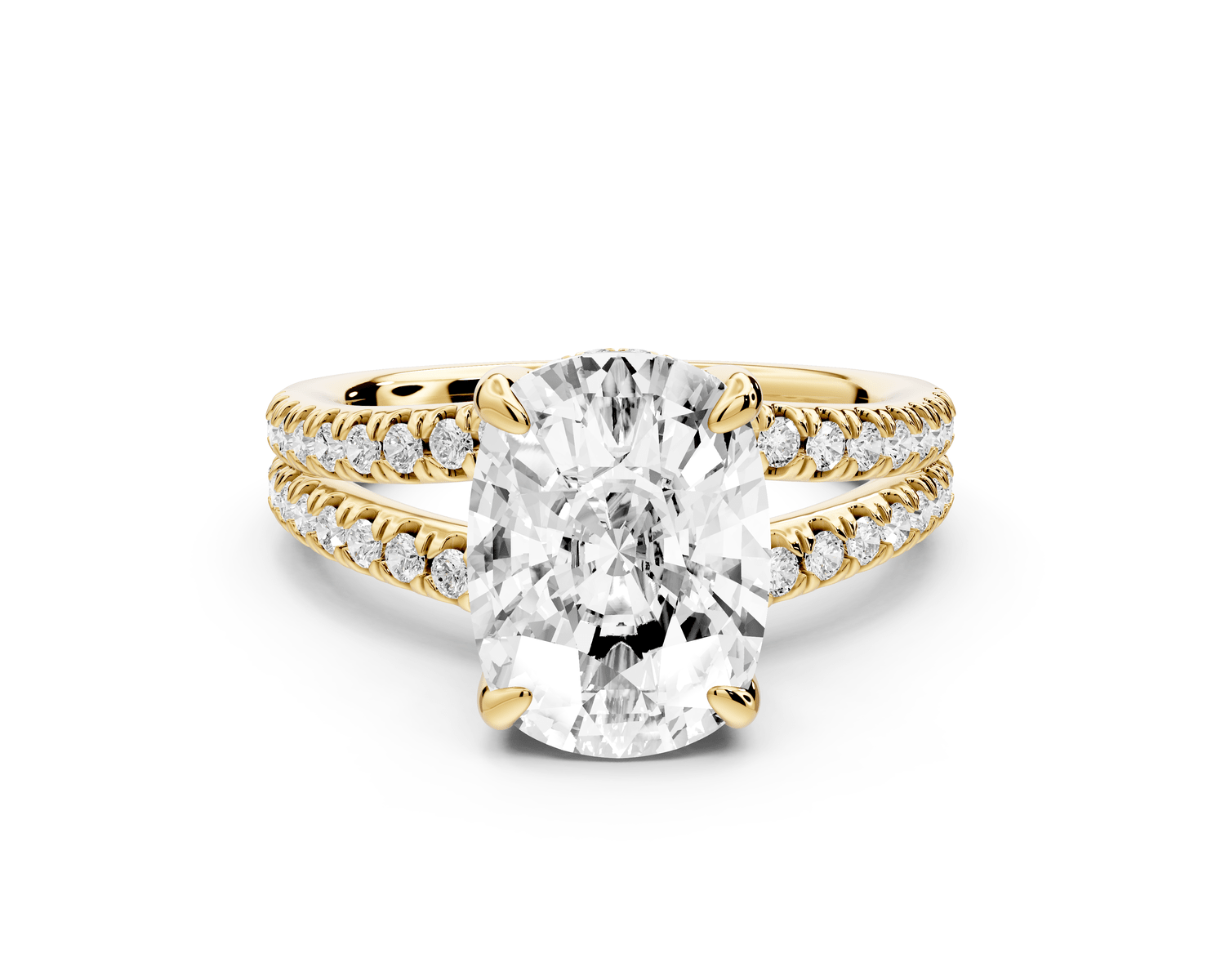 Liora - 4ct 18k yellow gold ecushion Hidden Halo Micro Pavé Split Shank Engagement Ring - Mr. Alex Jewelry