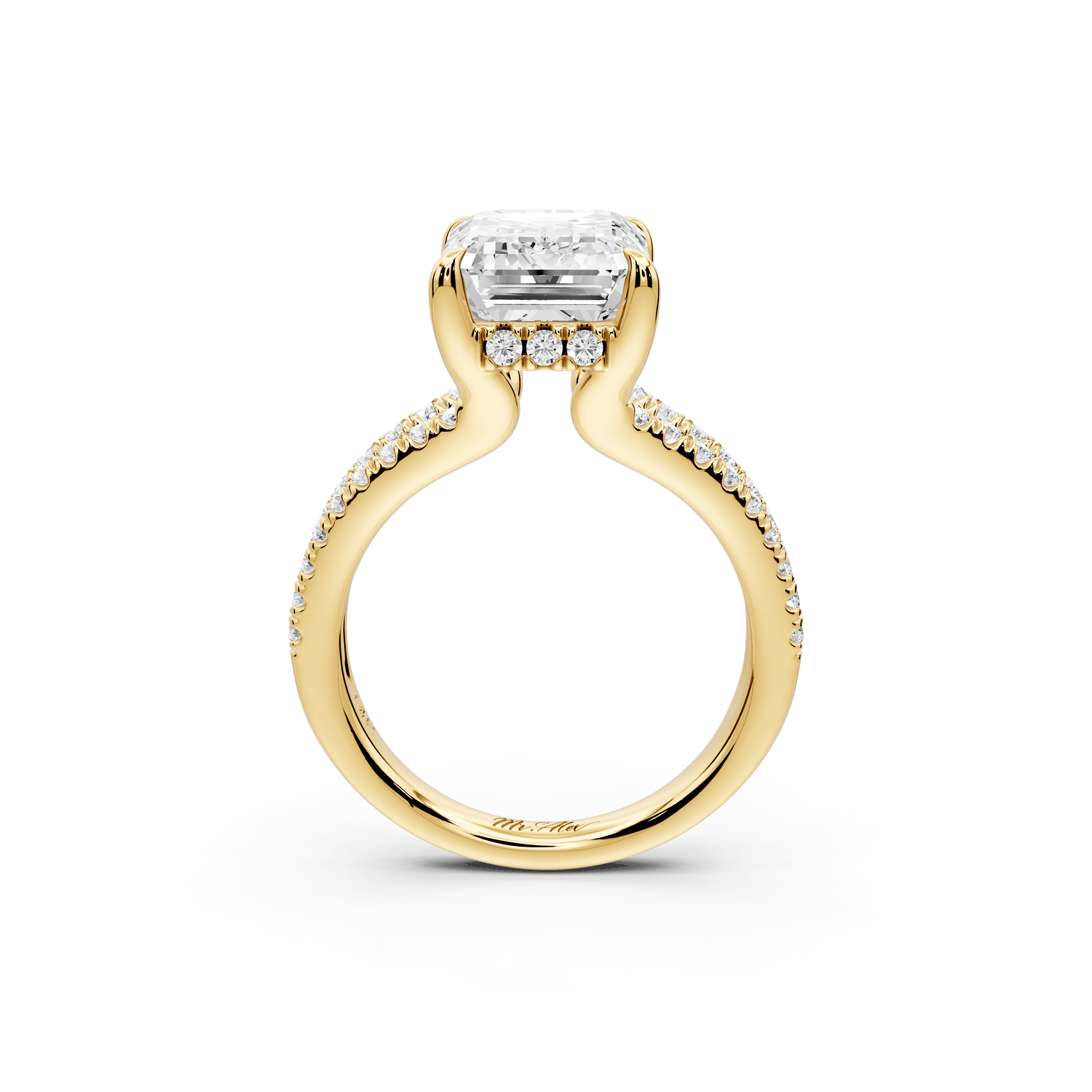Liora - 4ct 18k yellow gold emerald Hidden Halo Micro Pavé Split Shank Engagement Ring - Mr. Alex Jewelry