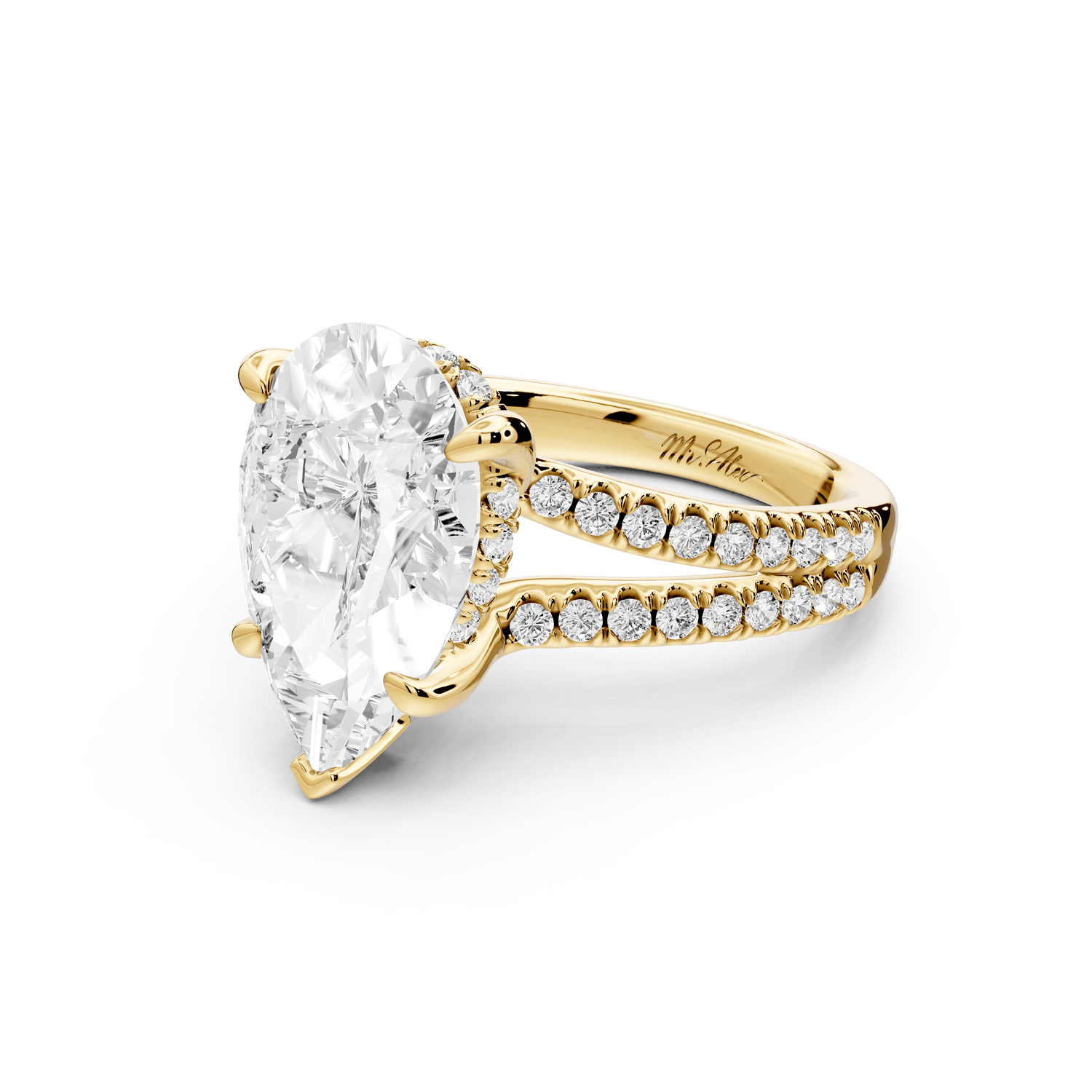Liora - 4ct 18k yellow gold pear Hidden Halo Micro Pavé Split Shank Engagement Ring - Mr. Alex Jewelry