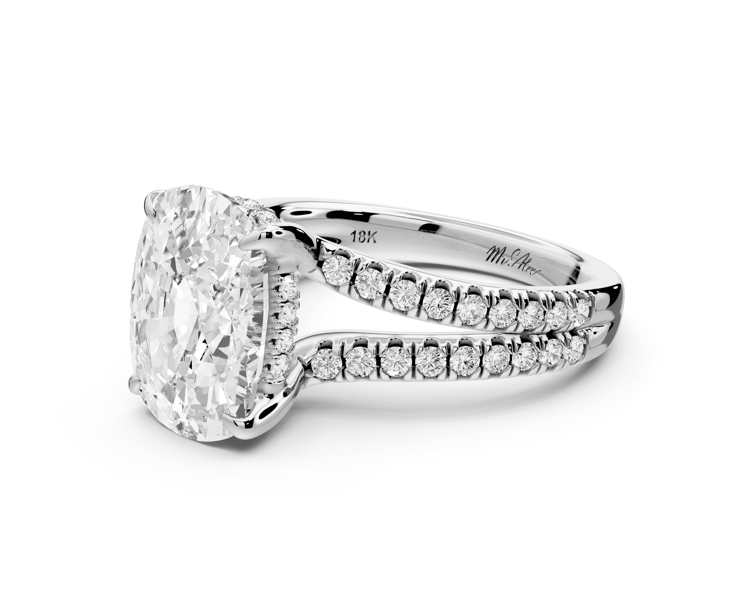Liora - 5ct 14k white gold ecushion Hidden Halo Micro Pavé Split Shank Engagement Ring - Mr. Alex Jewelry