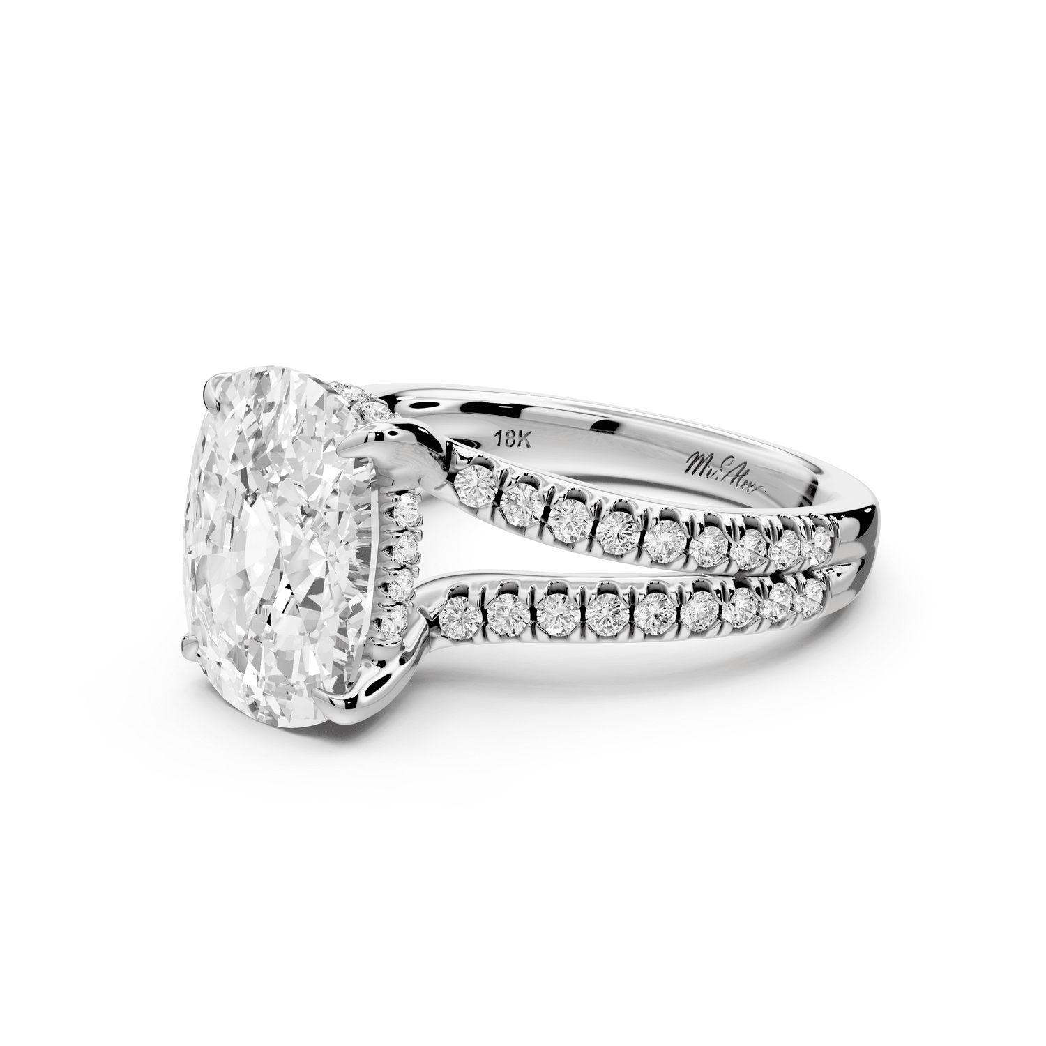 Liora - 5ct 14k white gold ecushion Hidden Halo Micro Pavé Split Shank Engagement Ring - Mr. Alex Jewelry